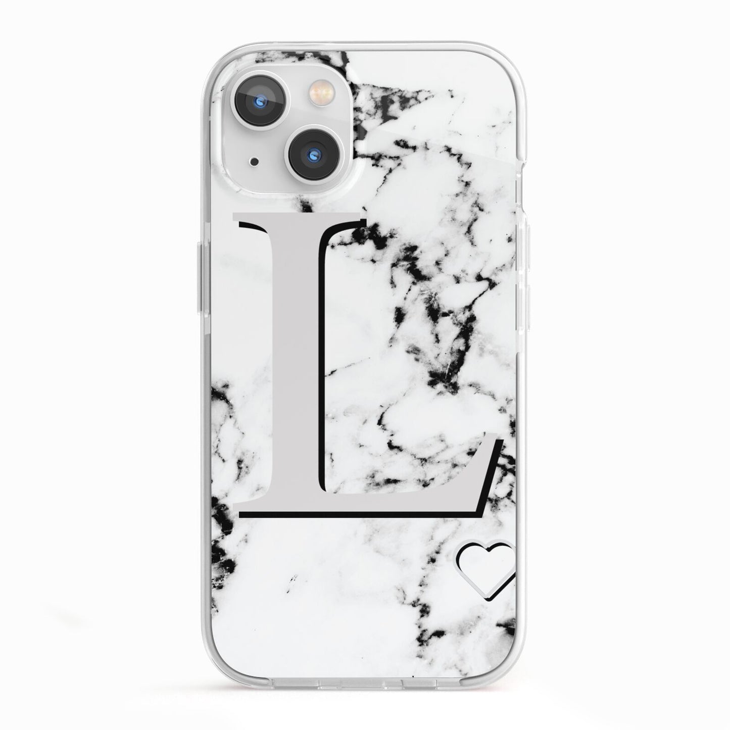 Personalised Grey Initials Heart Marble iPhone 13 TPU Impact Case with White Edges