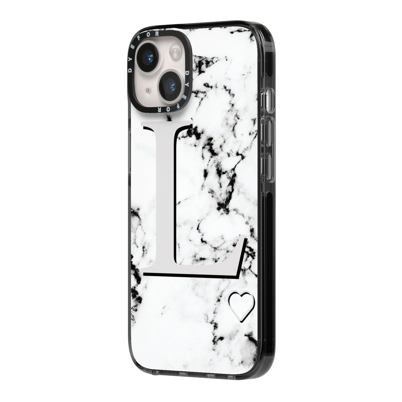 Personalised Grey Initials Heart Marble iPhone 14 Black Impact Case Side Angle on Silver phone