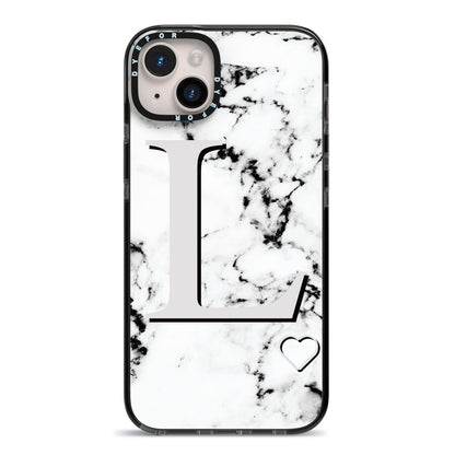 Personalised Grey Initials Heart Marble iPhone 14 Plus Black Impact Case on Silver phone