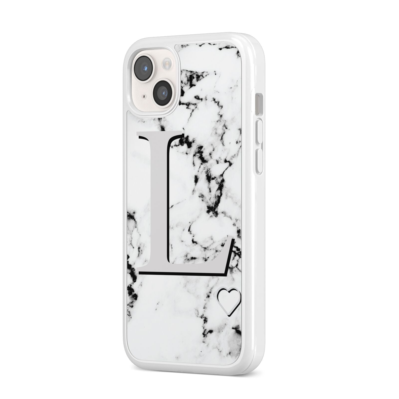Personalised Grey Initials Heart Marble iPhone 14 Plus Clear Tough Case Starlight Angled Image