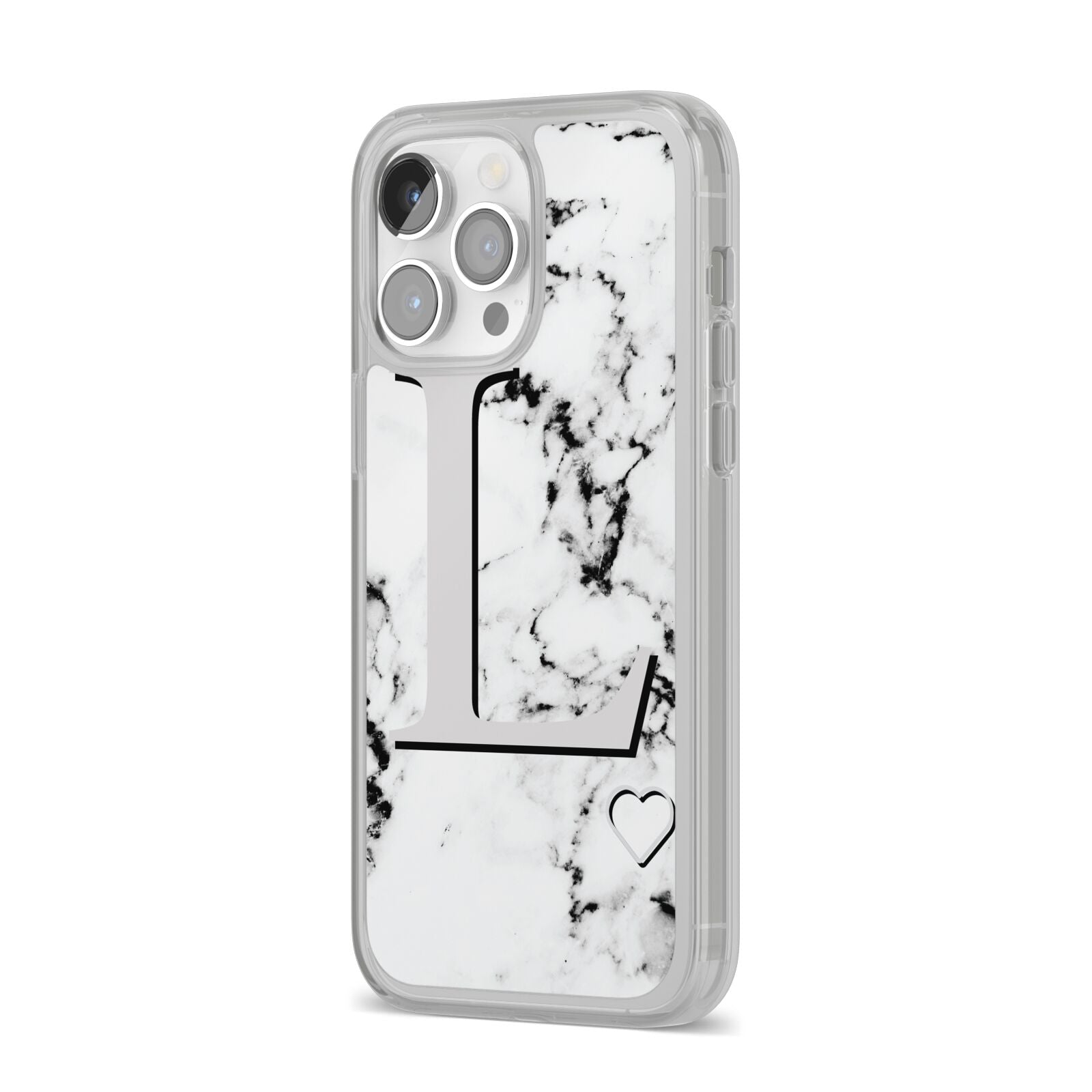 Personalised Grey Initials Heart Marble iPhone 14 Pro Max Clear Tough Case Silver Angled Image
