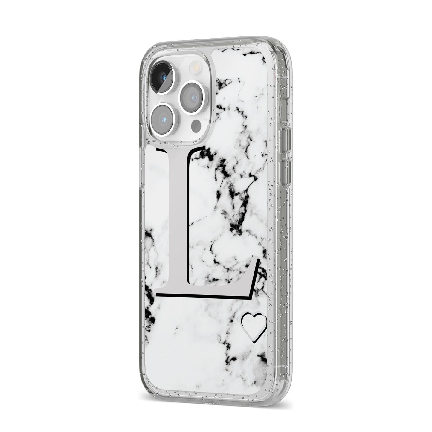 Personalised Grey Initials Heart Marble iPhone 14 Pro Max Glitter Tough Case Silver Angled Image