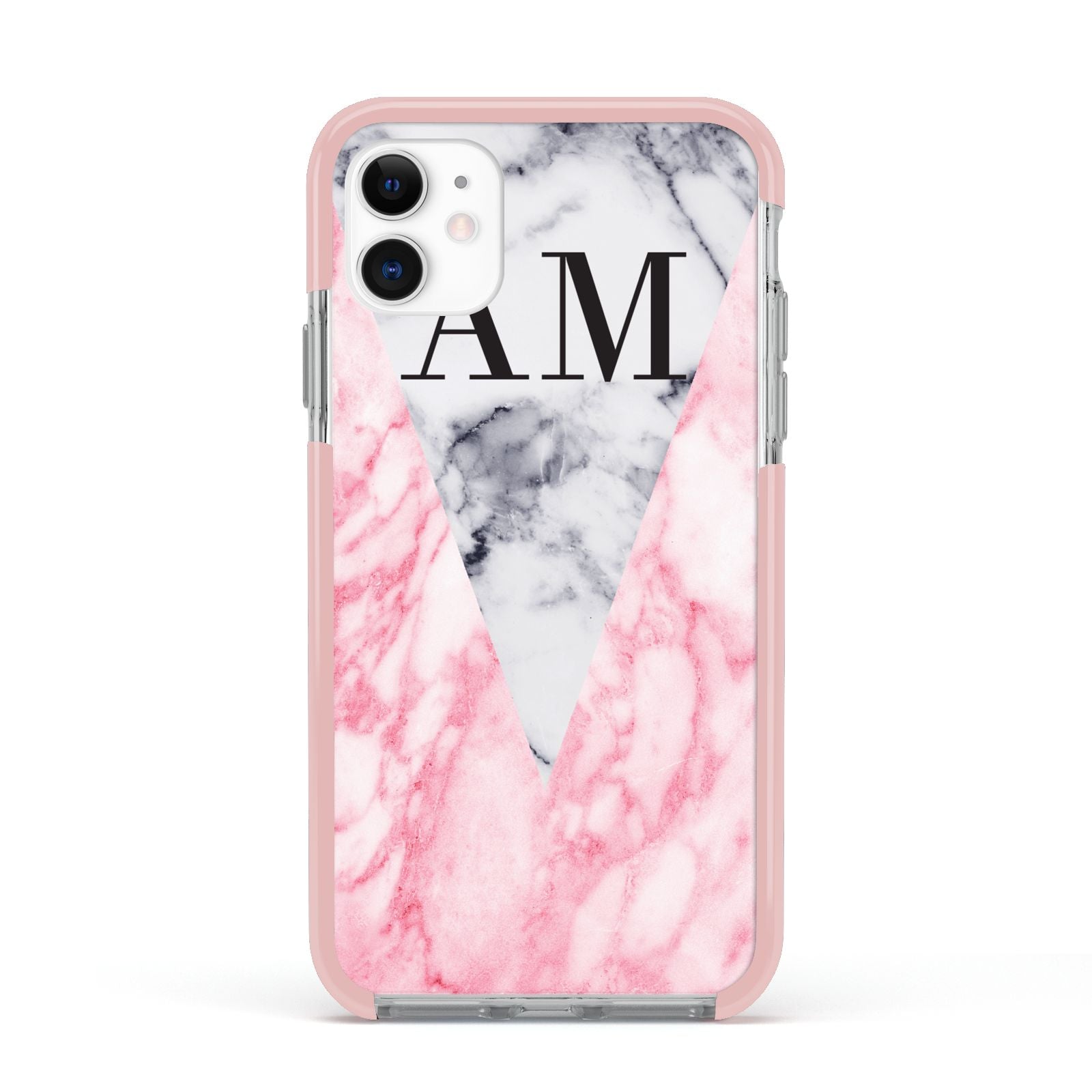 Personalised Grey Inset Marble Initials Apple iPhone 11 in White with Pink Impact Case