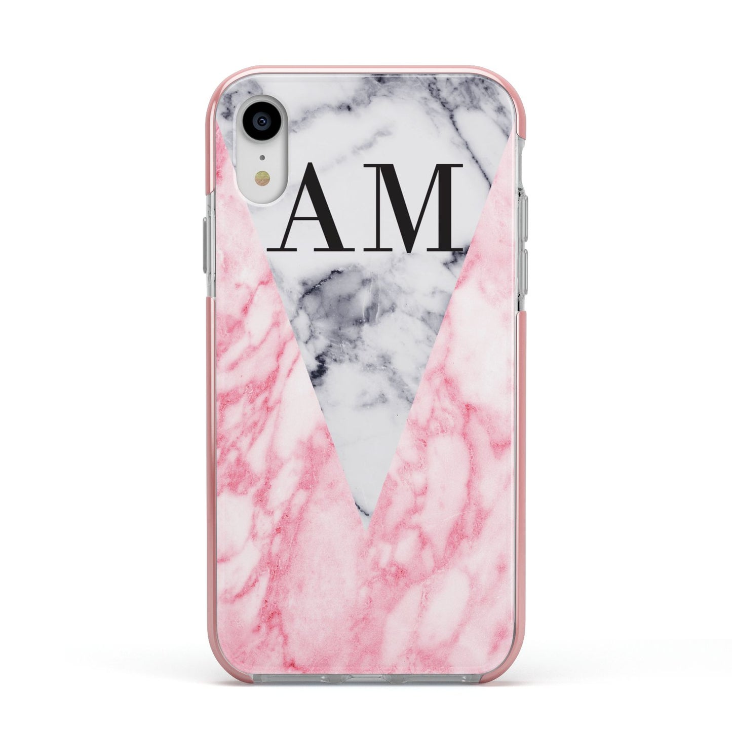 Personalised Grey Inset Marble Initials Apple iPhone XR Impact Case Pink Edge on Silver Phone