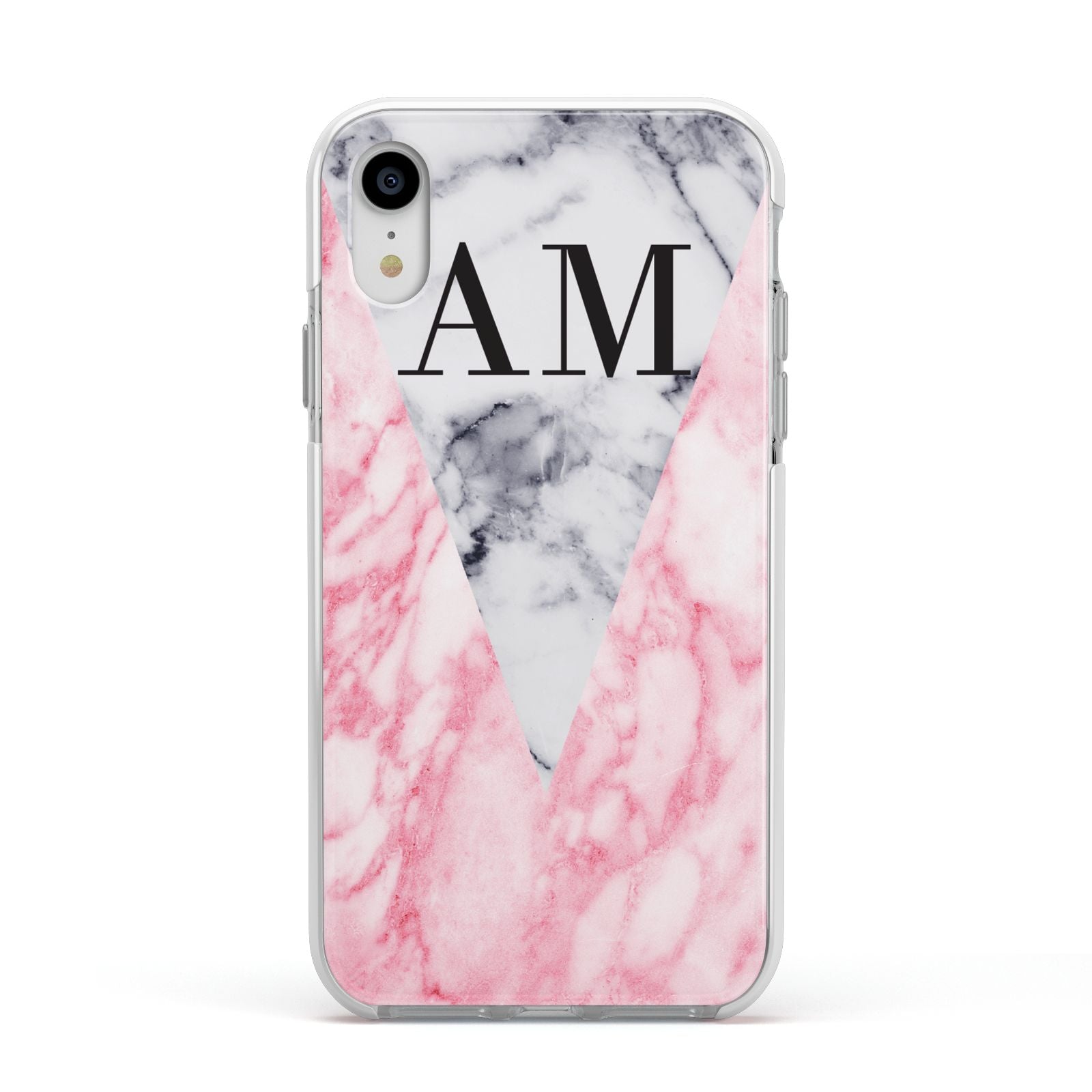 Personalised Grey Inset Marble Initials Apple iPhone XR Impact Case White Edge on Silver Phone