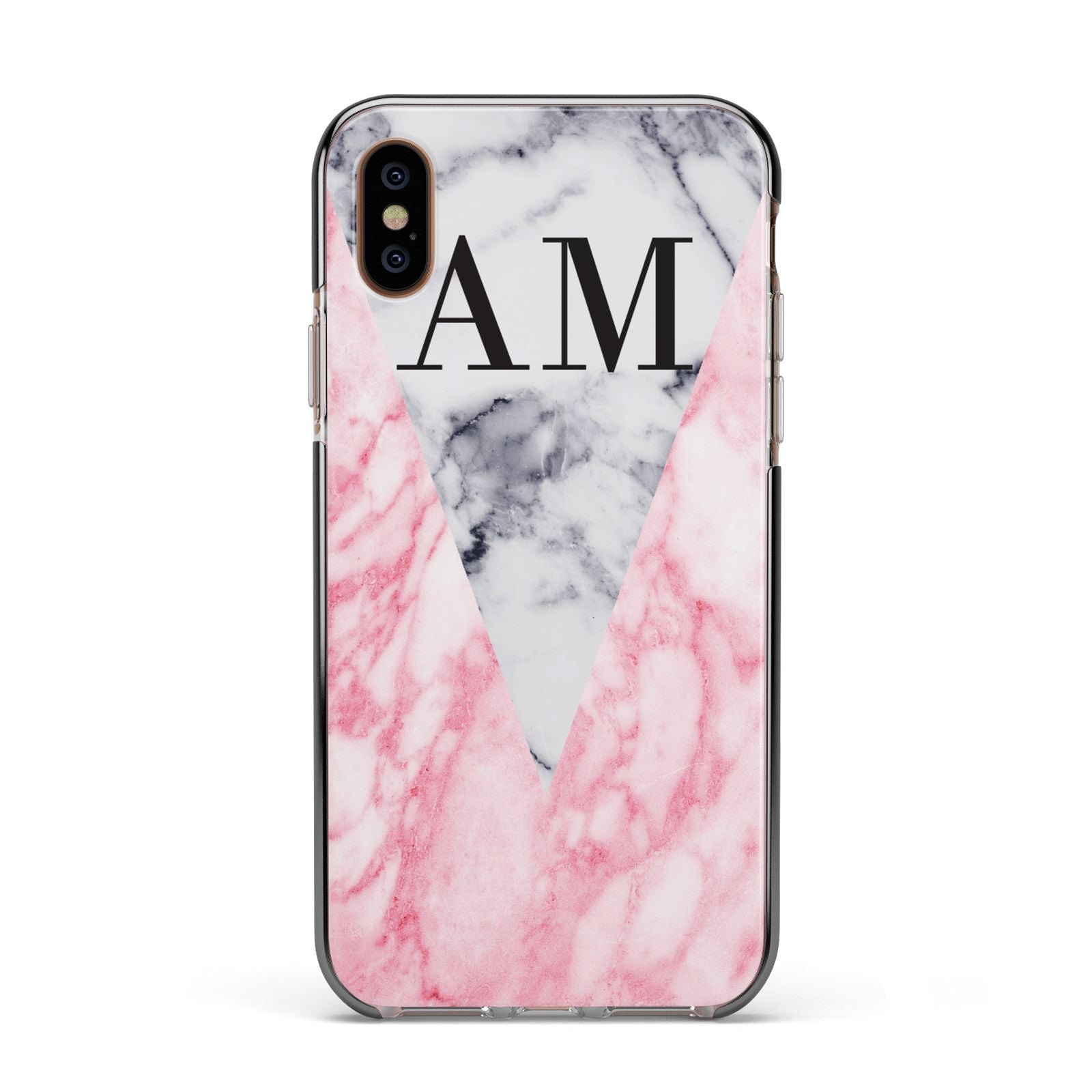Personalised Grey Inset Marble Initials Apple iPhone Xs Impact Case Black Edge on Gold Phone