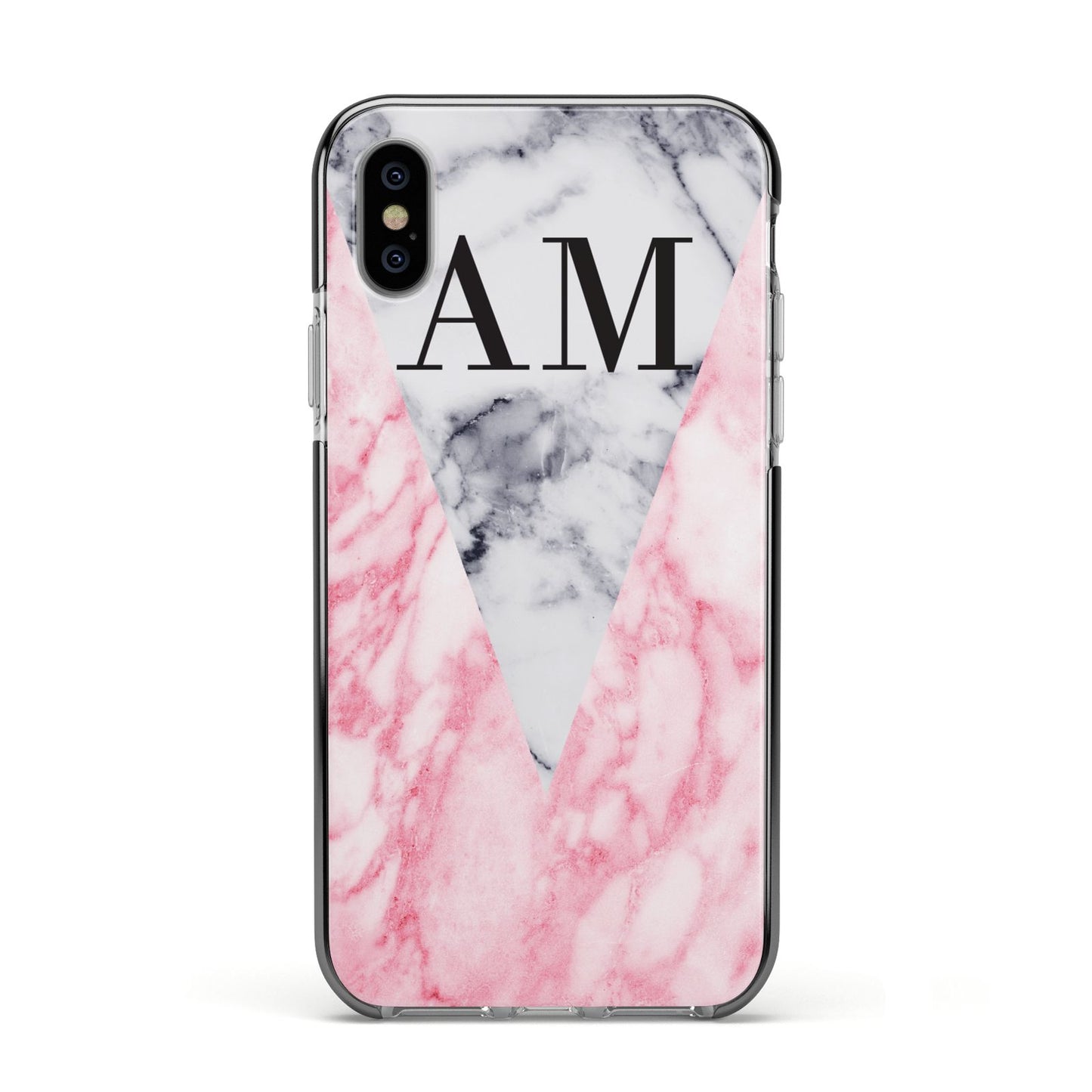 Personalised Grey Inset Marble Initials Apple iPhone Xs Impact Case Black Edge on Silver Phone