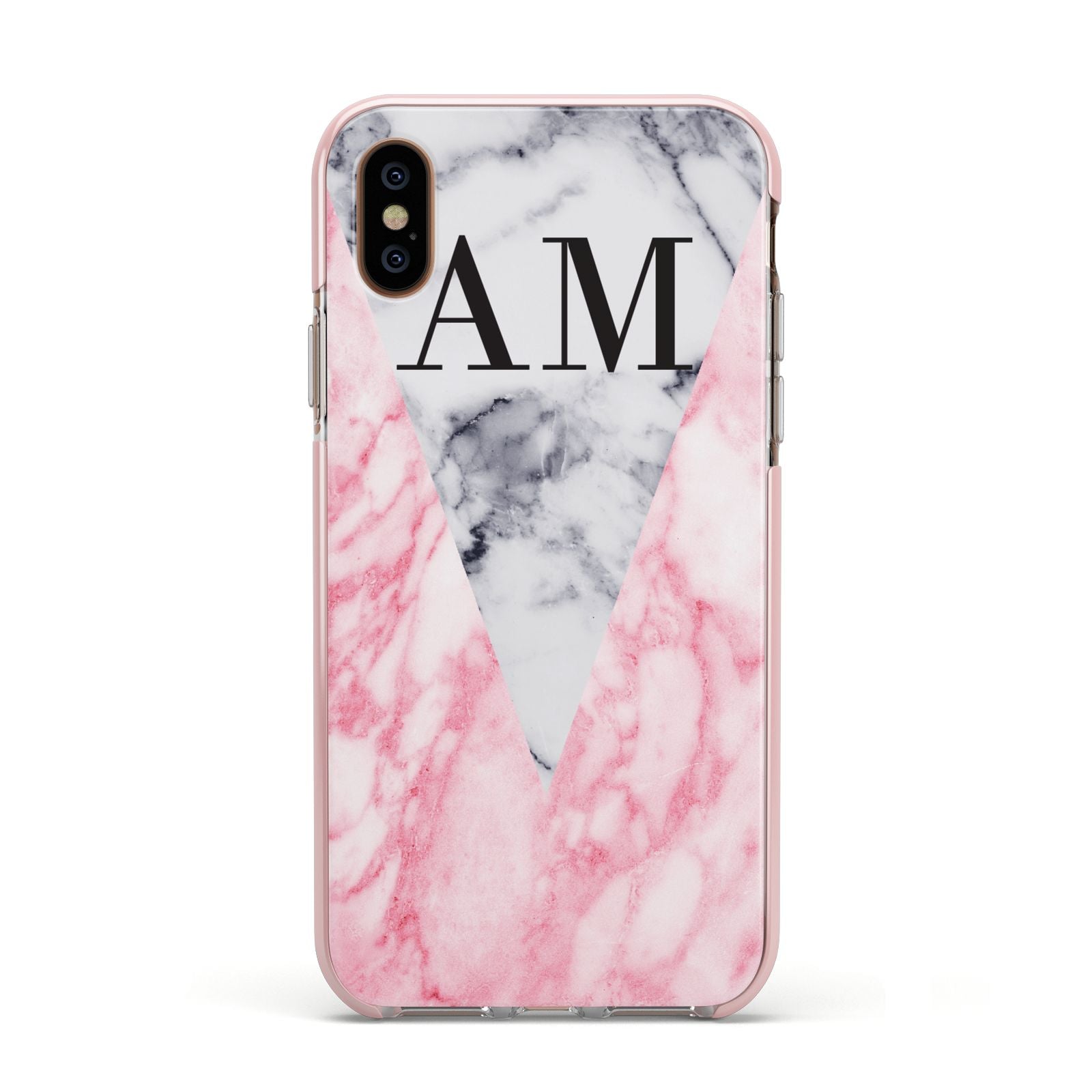 Personalised Grey Inset Marble Initials Apple iPhone Xs Impact Case Pink Edge on Gold Phone