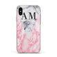 Personalised Grey Inset Marble Initials Apple iPhone Xs Impact Case Pink Edge on Silver Phone