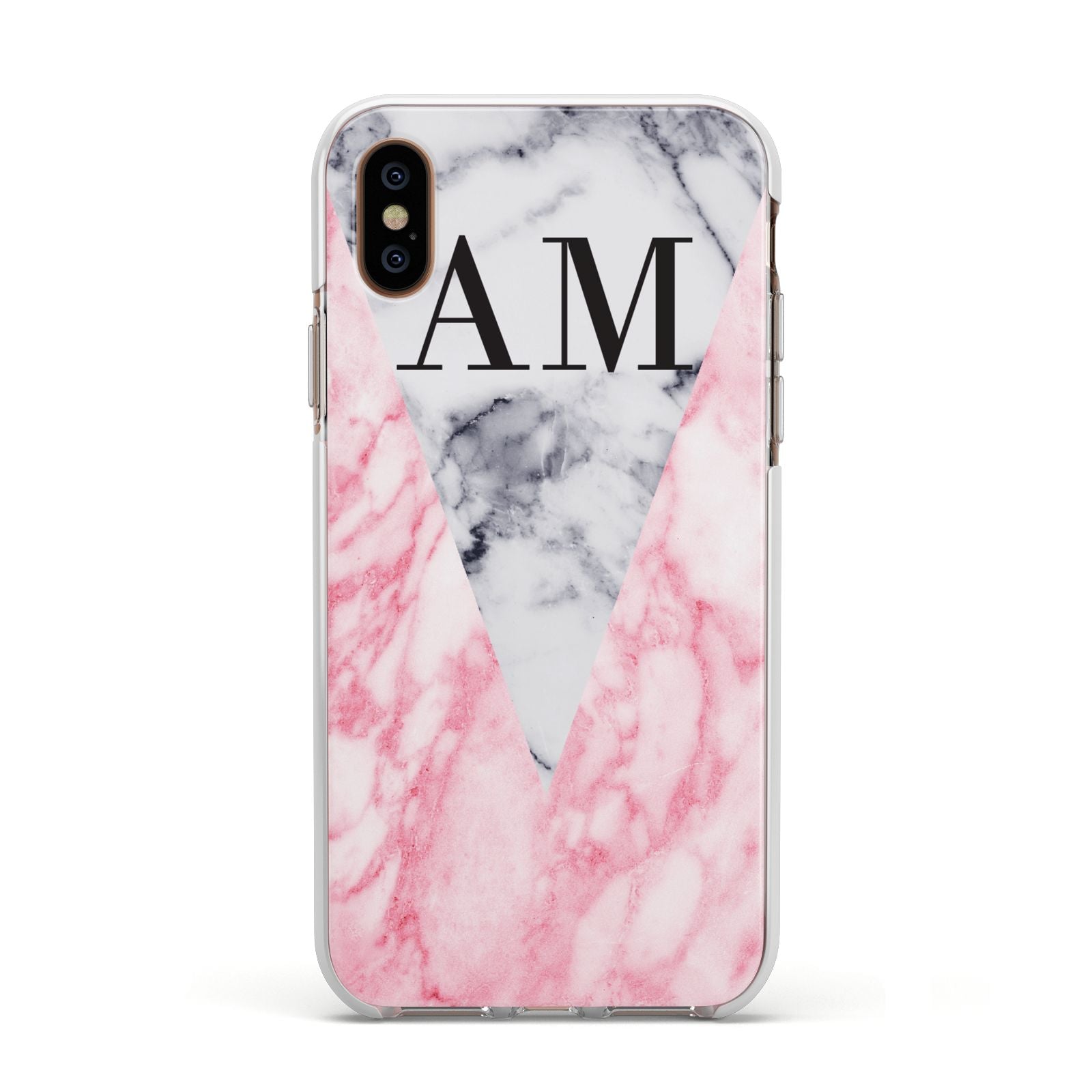 Personalised Grey Inset Marble Initials Apple iPhone Xs Impact Case White Edge on Gold Phone
