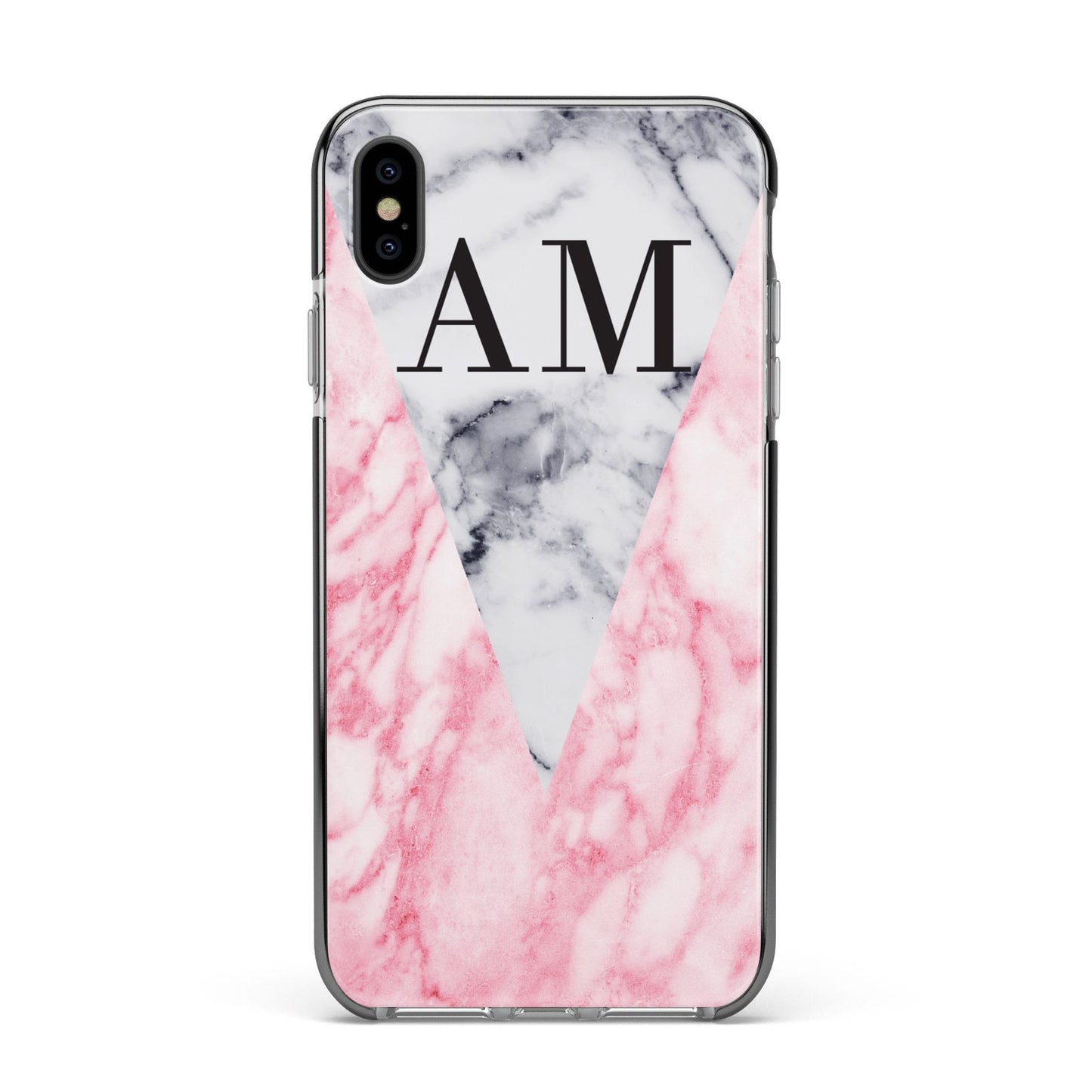 Personalised Grey Inset Marble Initials Apple iPhone Xs Max Impact Case Black Edge on Black Phone