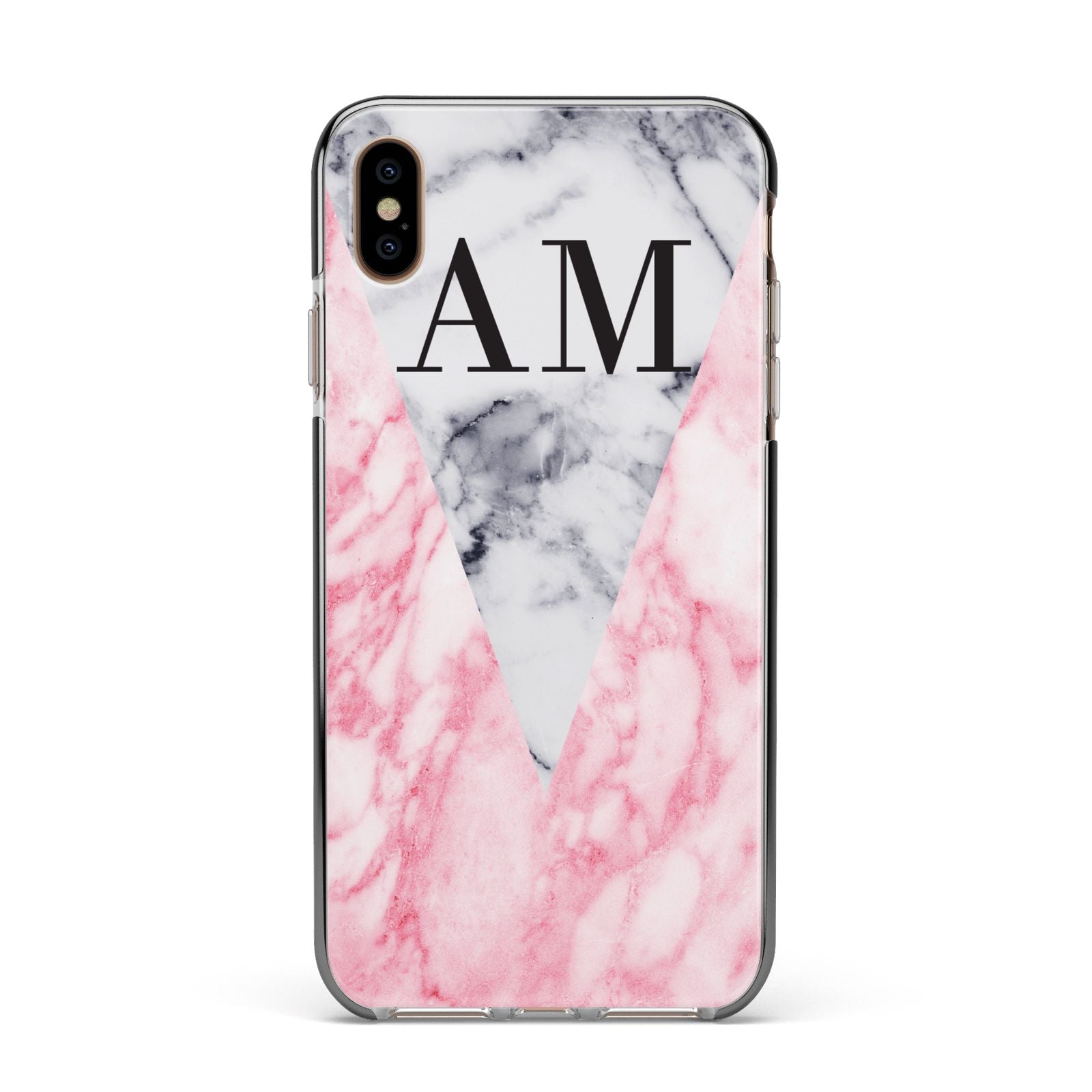 Personalised Grey Inset Marble Initials Apple iPhone Xs Max Impact Case Black Edge on Gold Phone