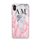 Personalised Grey Inset Marble Initials Apple iPhone Xs Max Impact Case Pink Edge on Black Phone