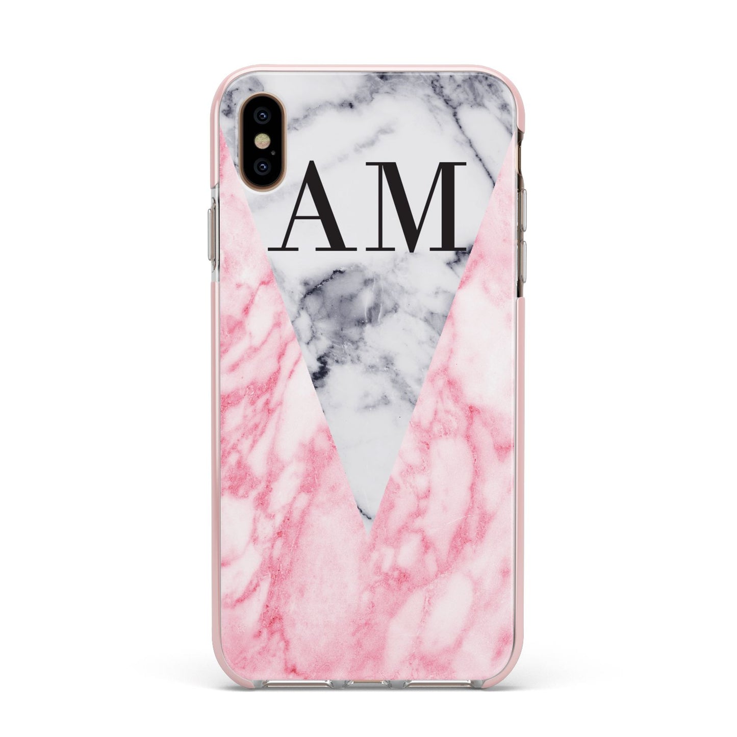 Personalised Grey Inset Marble Initials Apple iPhone Xs Max Impact Case Pink Edge on Gold Phone