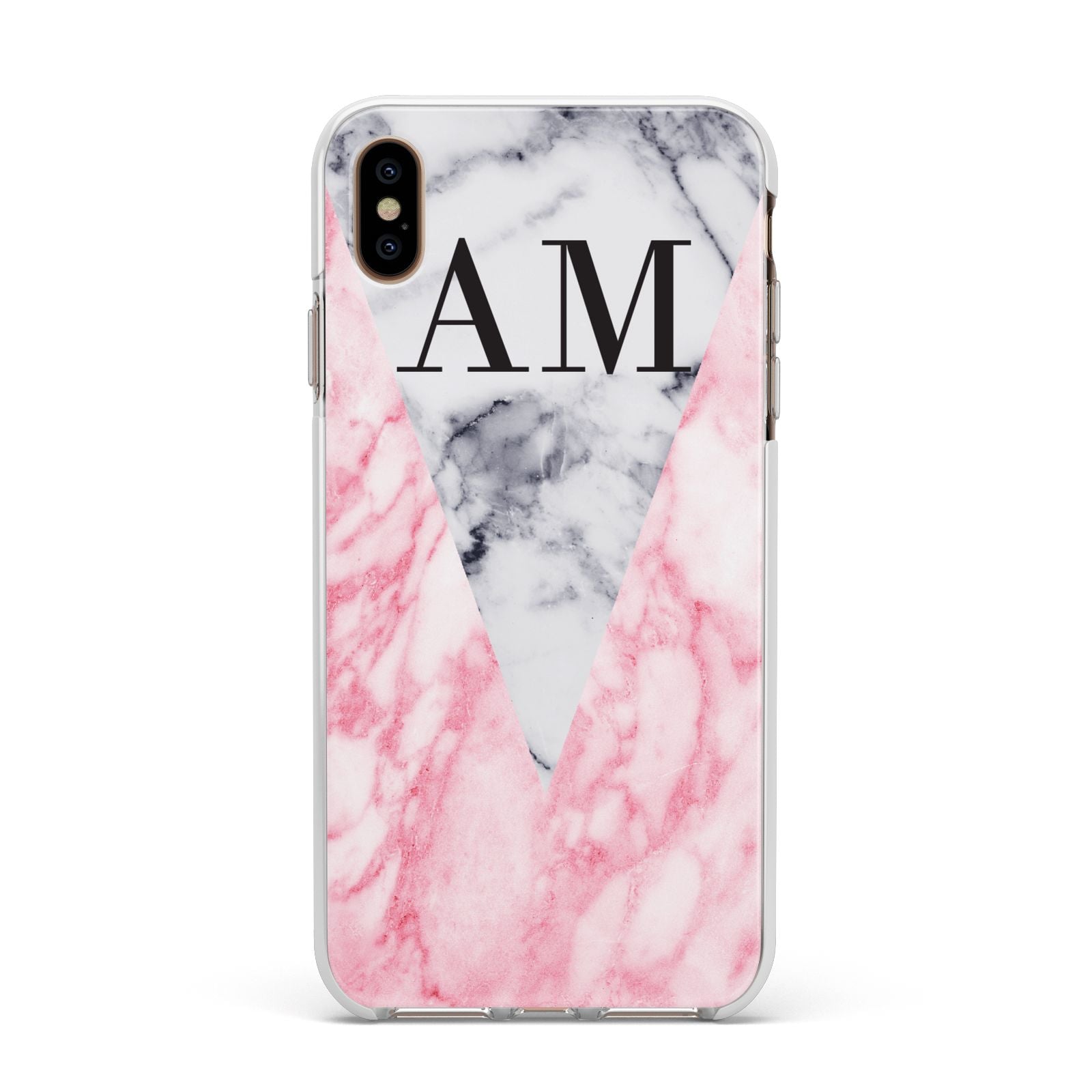 Personalised Grey Inset Marble Initials Apple iPhone Xs Max Impact Case White Edge on Gold Phone