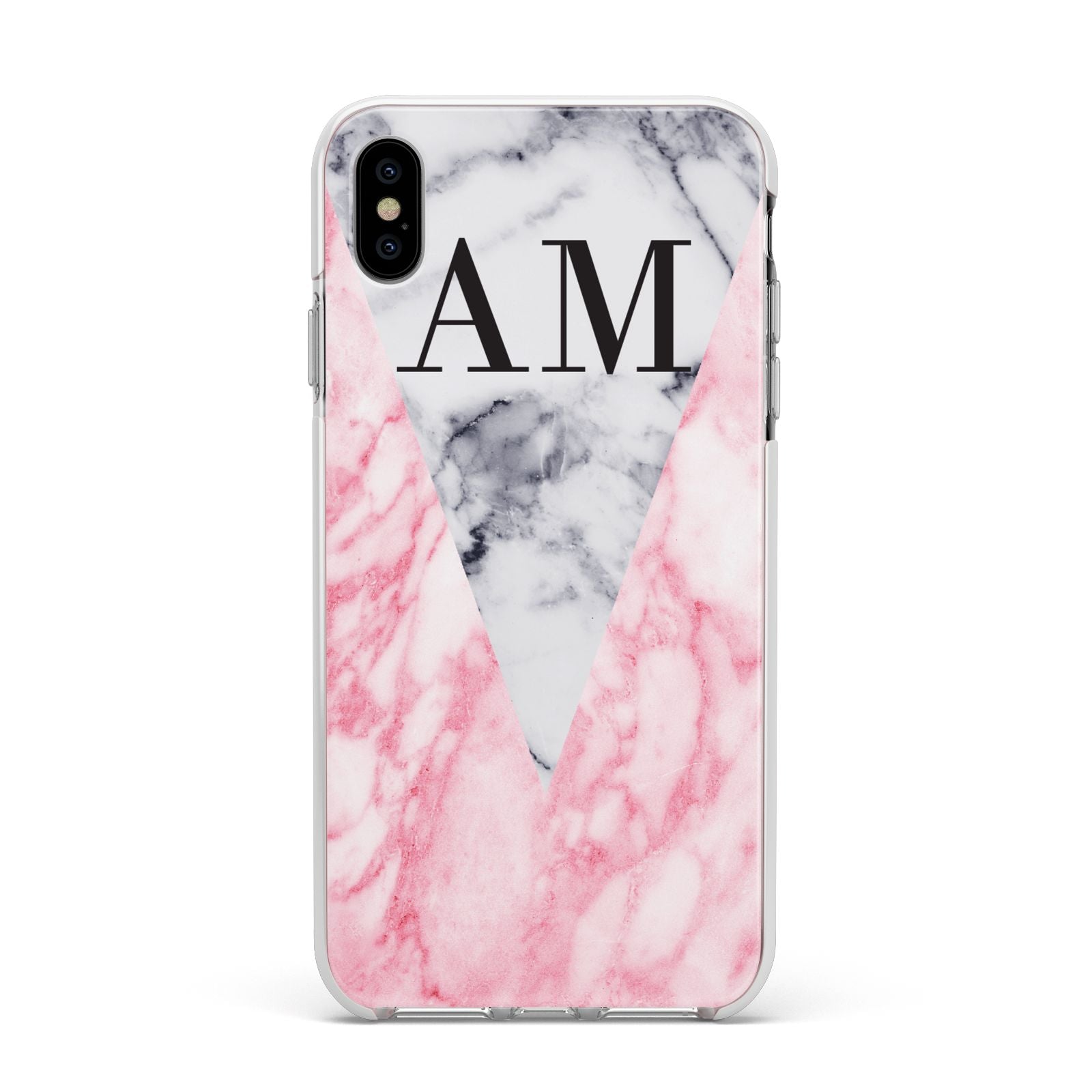 Personalised Grey Inset Marble Initials Apple iPhone Xs Max Impact Case White Edge on Silver Phone