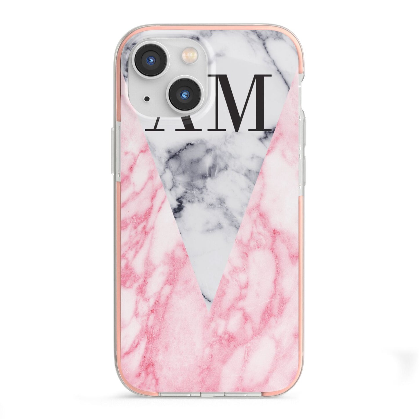 Personalised Grey Inset Marble Initials iPhone 13 Mini TPU Impact Case with Pink Edges