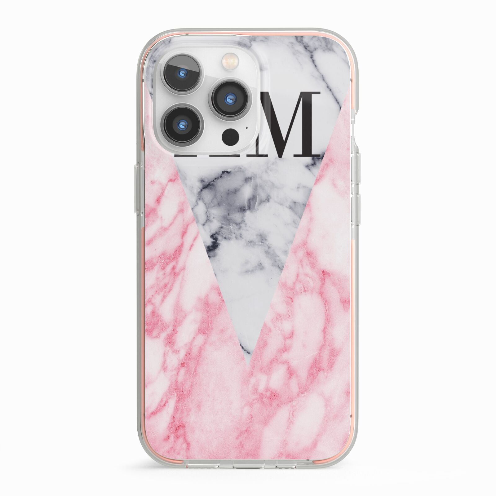 Personalised Grey Inset Marble Initials iPhone 13 Pro TPU Impact Case with Pink Edges