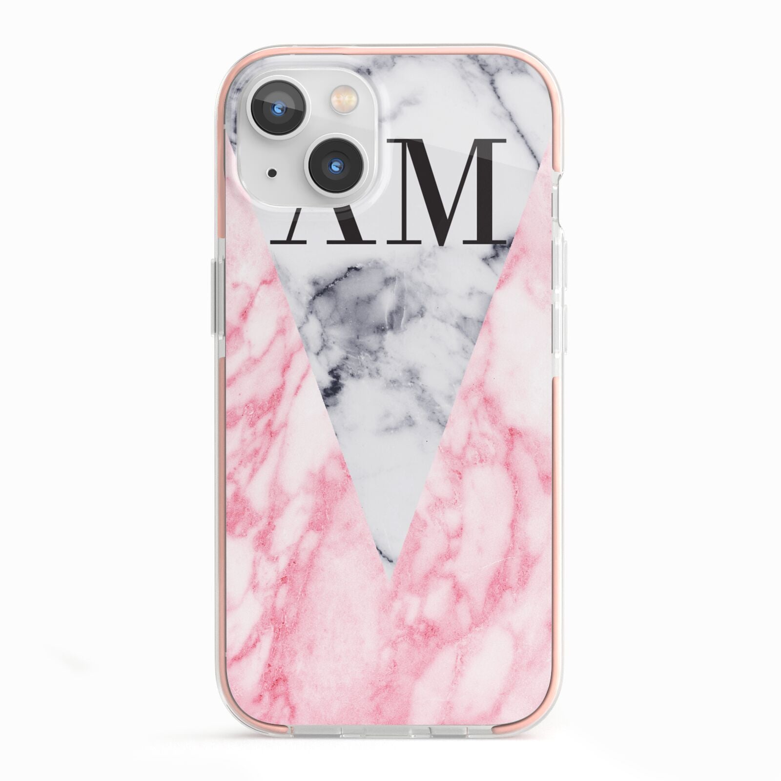 Personalised Grey Inset Marble Initials iPhone 13 TPU Impact Case with Pink Edges