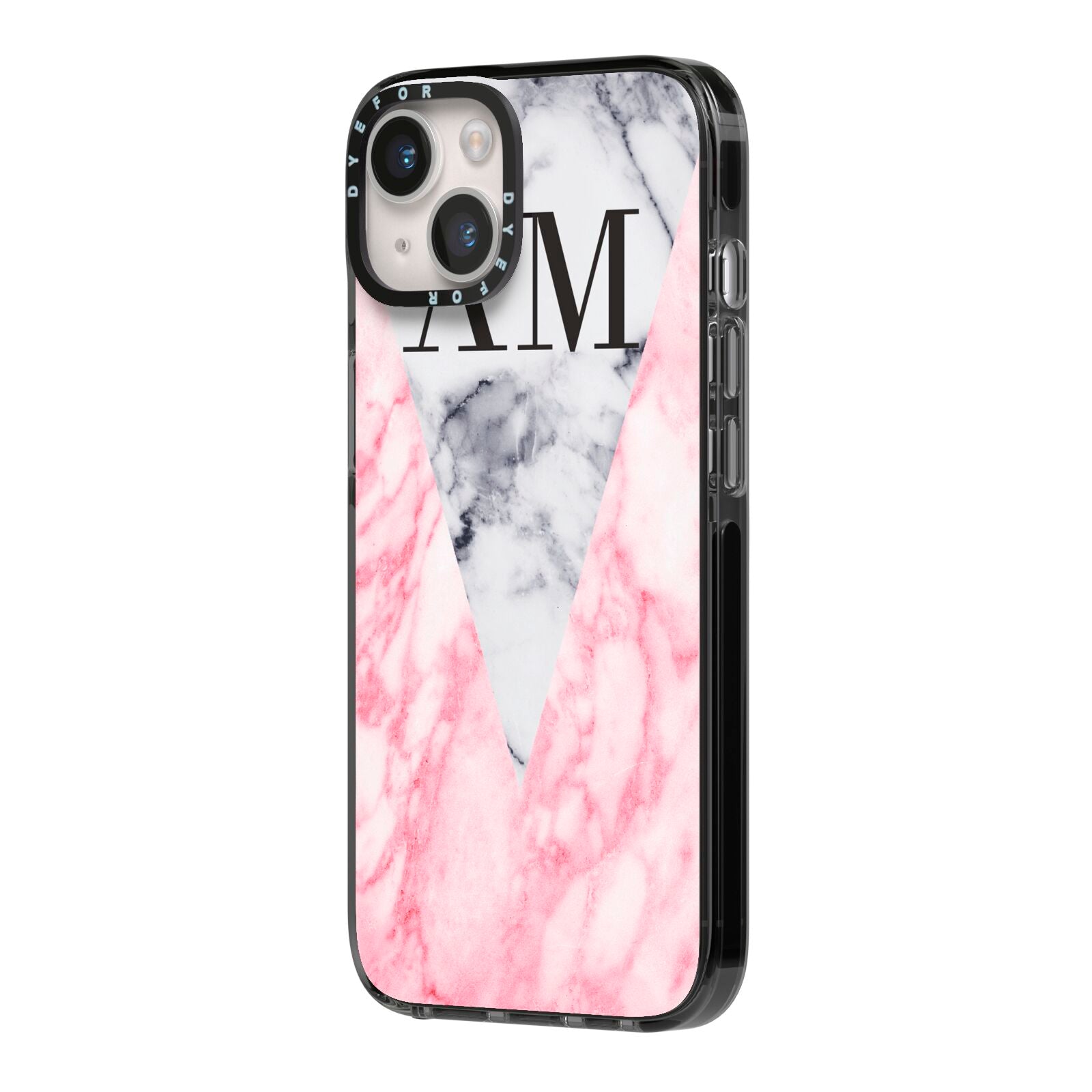 Personalised Grey Inset Marble Initials iPhone 14 Black Impact Case Side Angle on Silver phone