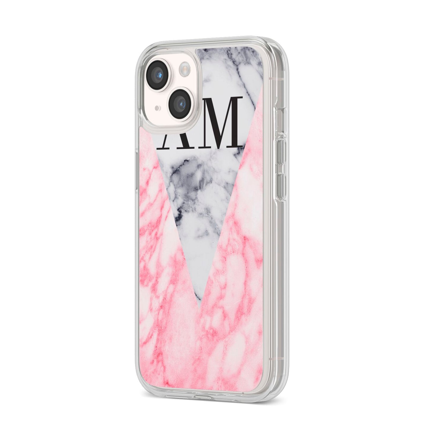 Personalised Grey Inset Marble Initials iPhone 14 Clear Tough Case Starlight Angled Image