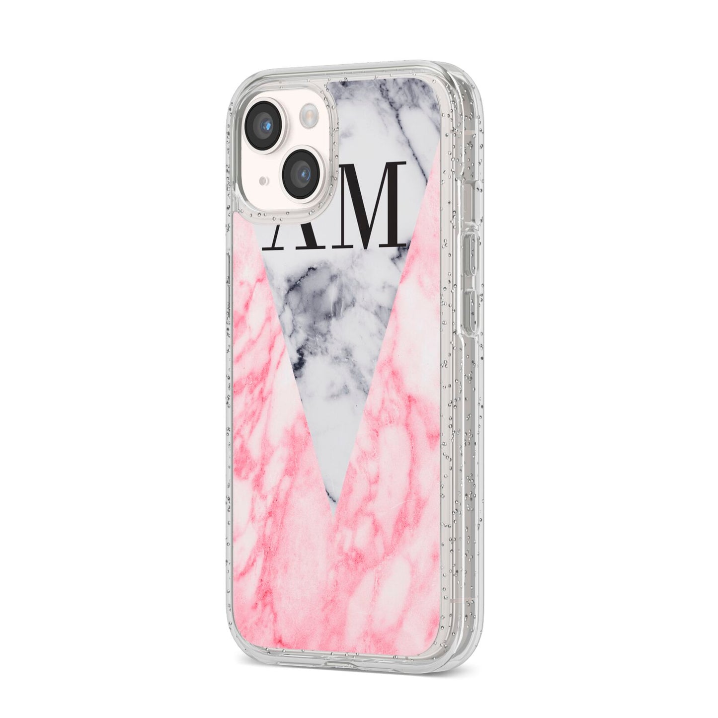 Personalised Grey Inset Marble Initials iPhone 14 Glitter Tough Case Starlight Angled Image