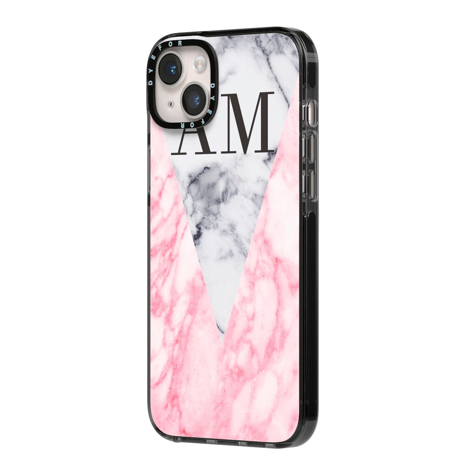 Personalised Grey Inset Marble Initials iPhone 14 Plus Black Impact Case Side Angle on Silver phone