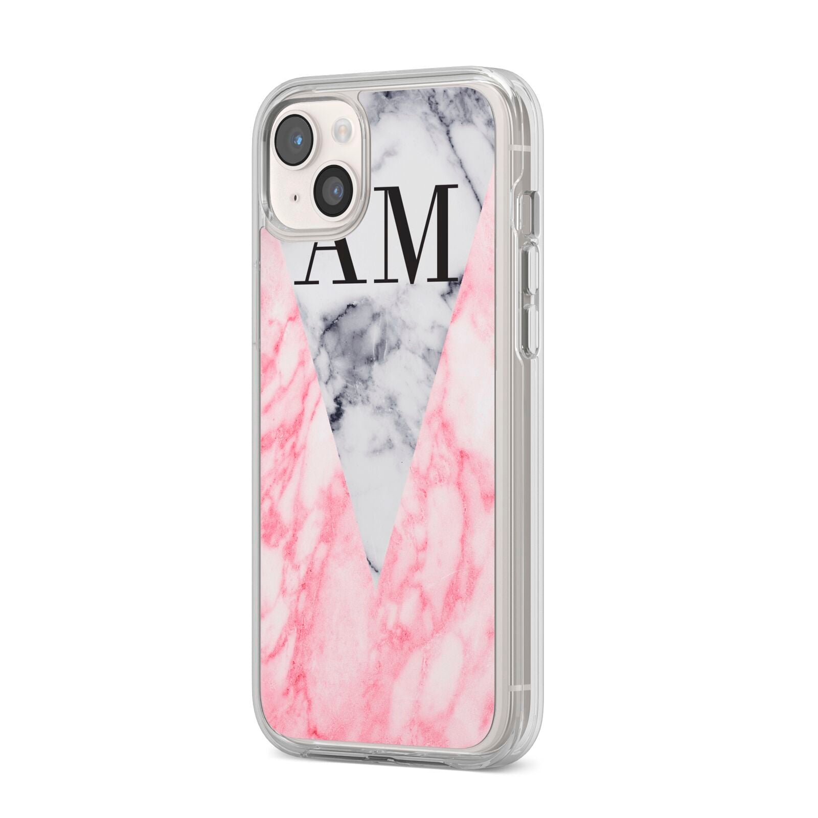 Personalised Grey Inset Marble Initials iPhone 14 Plus Clear Tough Case Starlight Angled Image