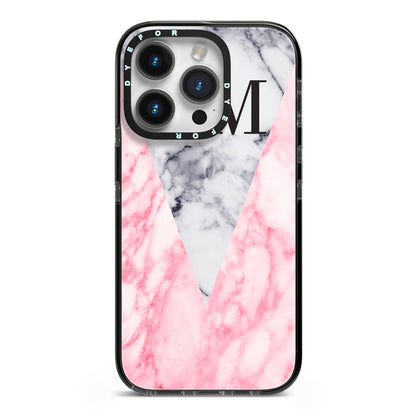 Personalised Grey Inset Marble Initials iPhone 14 Pro Black Impact Case on Silver phone