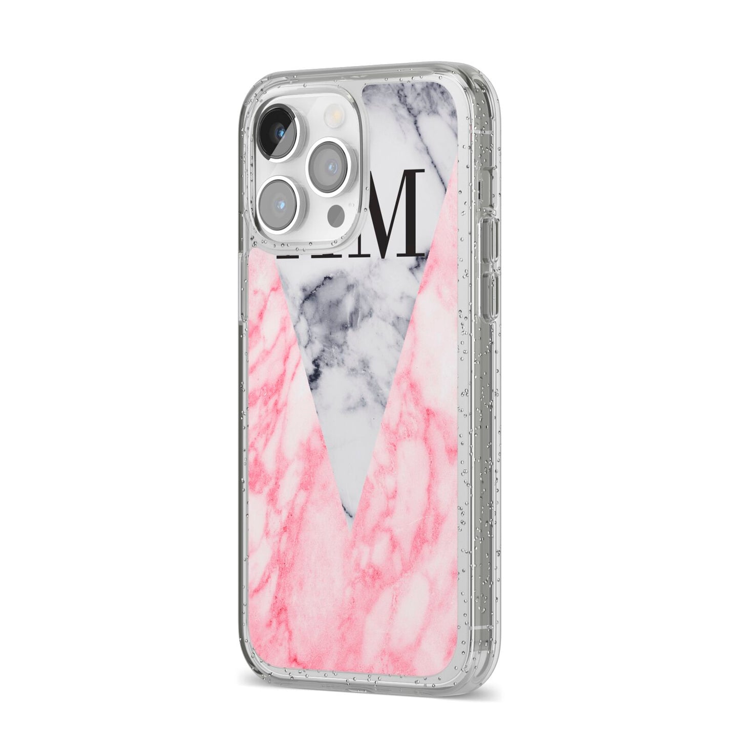 Personalised Grey Inset Marble Initials iPhone 14 Pro Max Glitter Tough Case Silver Angled Image