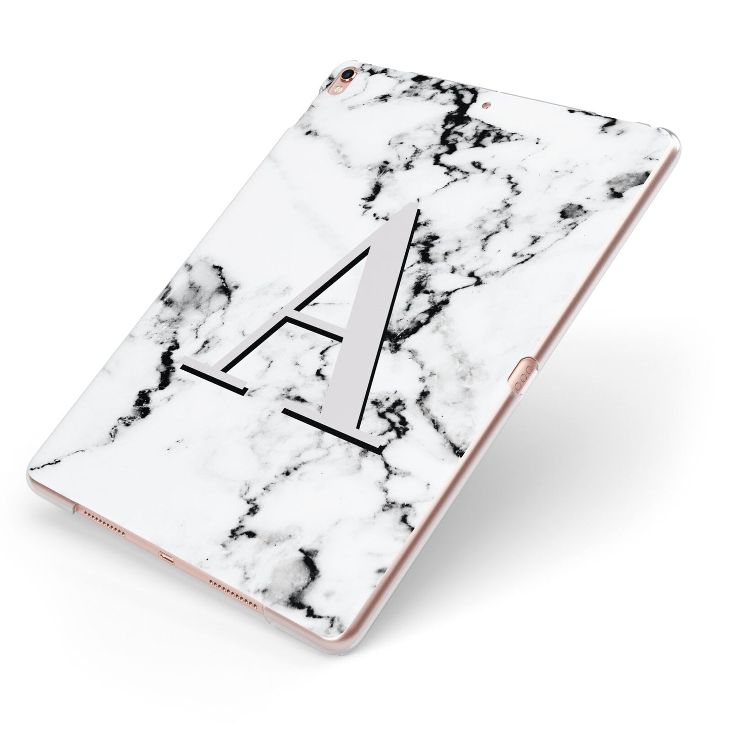 Personalised Grey Large Initial Marble Apple iPad Case on Rose Gold iPad Side View