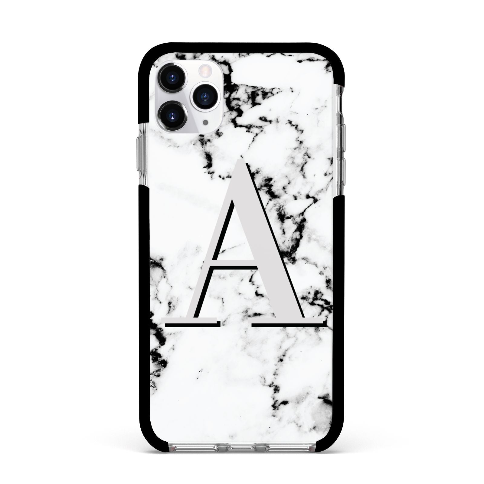 Personalised Grey Large Initial Marble Apple iPhone 11 Pro Max in Silver with Black Impact Case