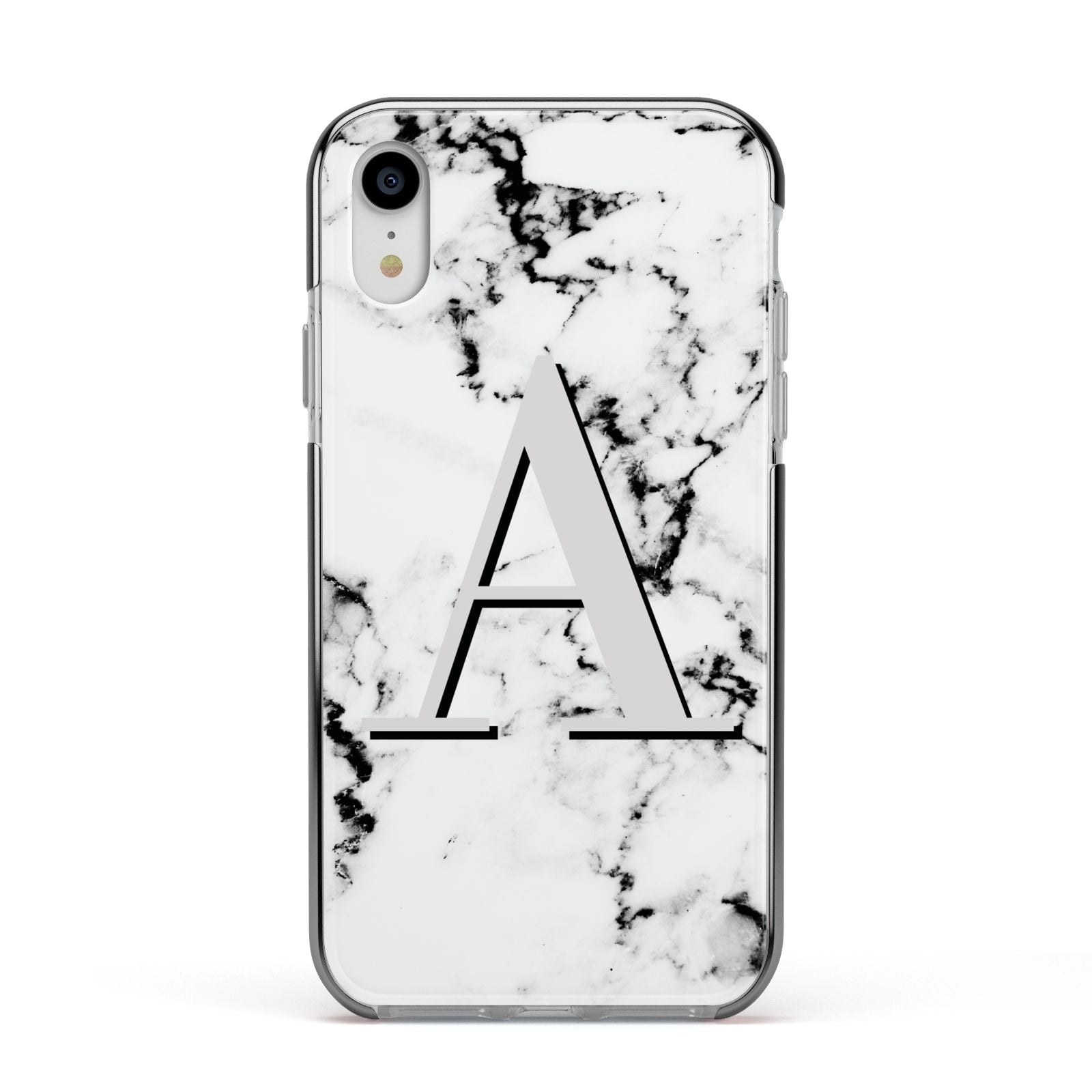 Personalised Grey Large Initial Marble Apple iPhone XR Impact Case Black Edge on Silver Phone