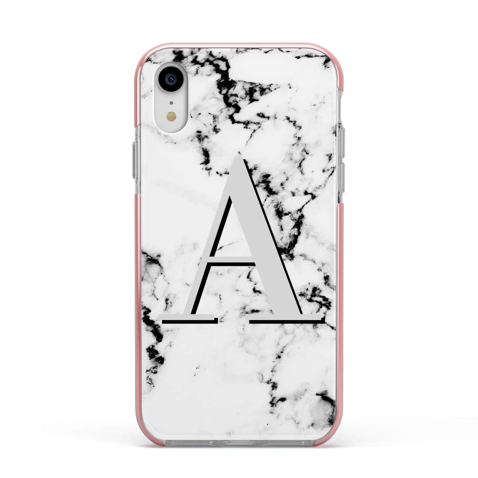 Personalised Grey Large Initial Marble Apple iPhone XR Impact Case Pink Edge on Silver Phone