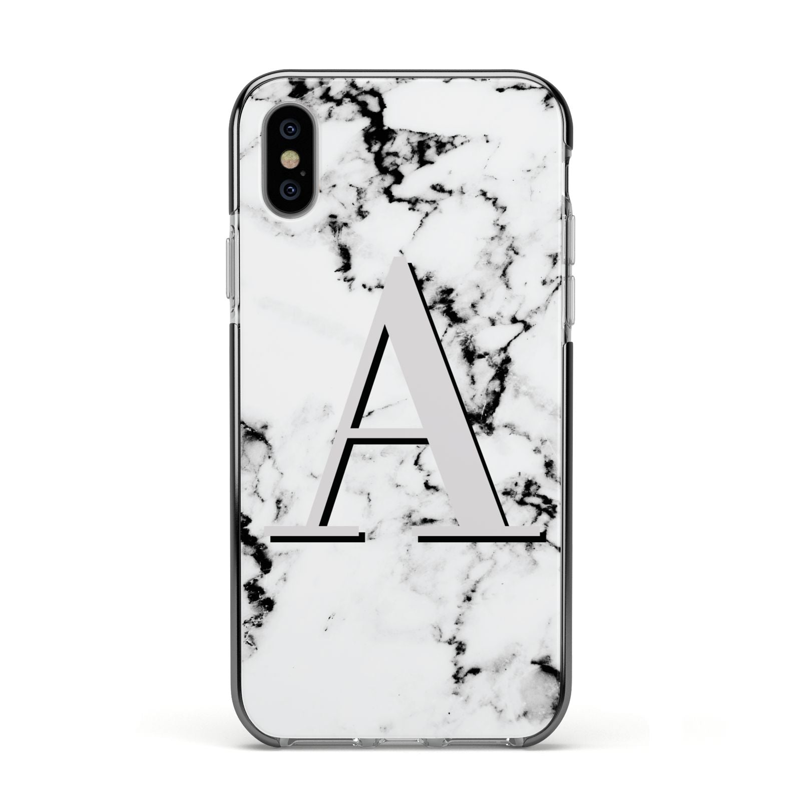 Personalised Grey Large Initial Marble Apple iPhone Xs Impact Case Black Edge on Silver Phone