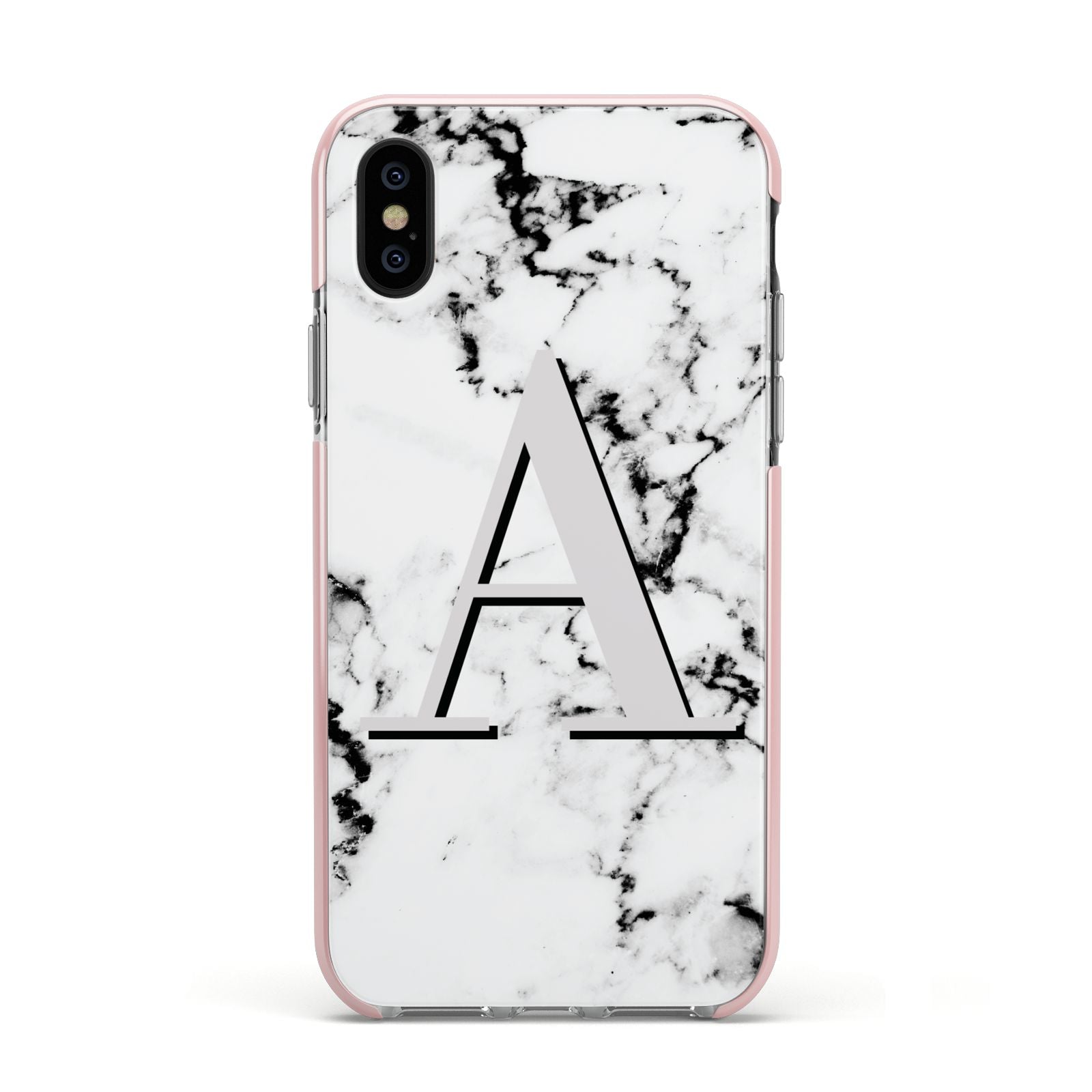 Personalised Grey Large Initial Marble Apple iPhone Xs Impact Case Pink Edge on Black Phone
