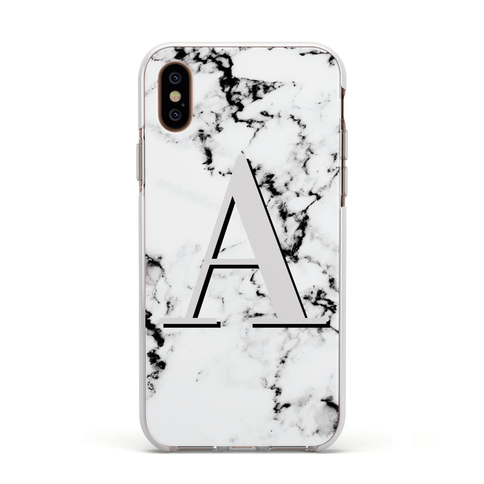 Personalised Grey Large Initial Marble Apple iPhone Xs Impact Case White Edge on Gold Phone
