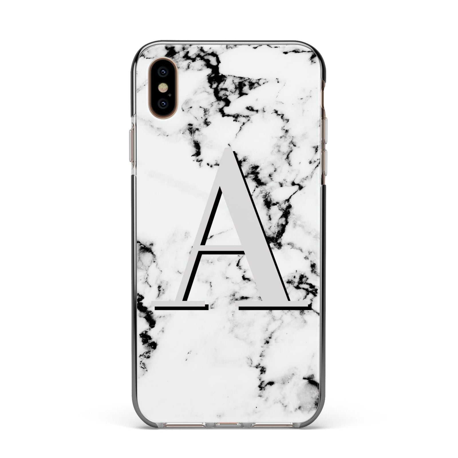 Personalised Grey Large Initial Marble Apple iPhone Xs Max Impact Case Black Edge on Gold Phone