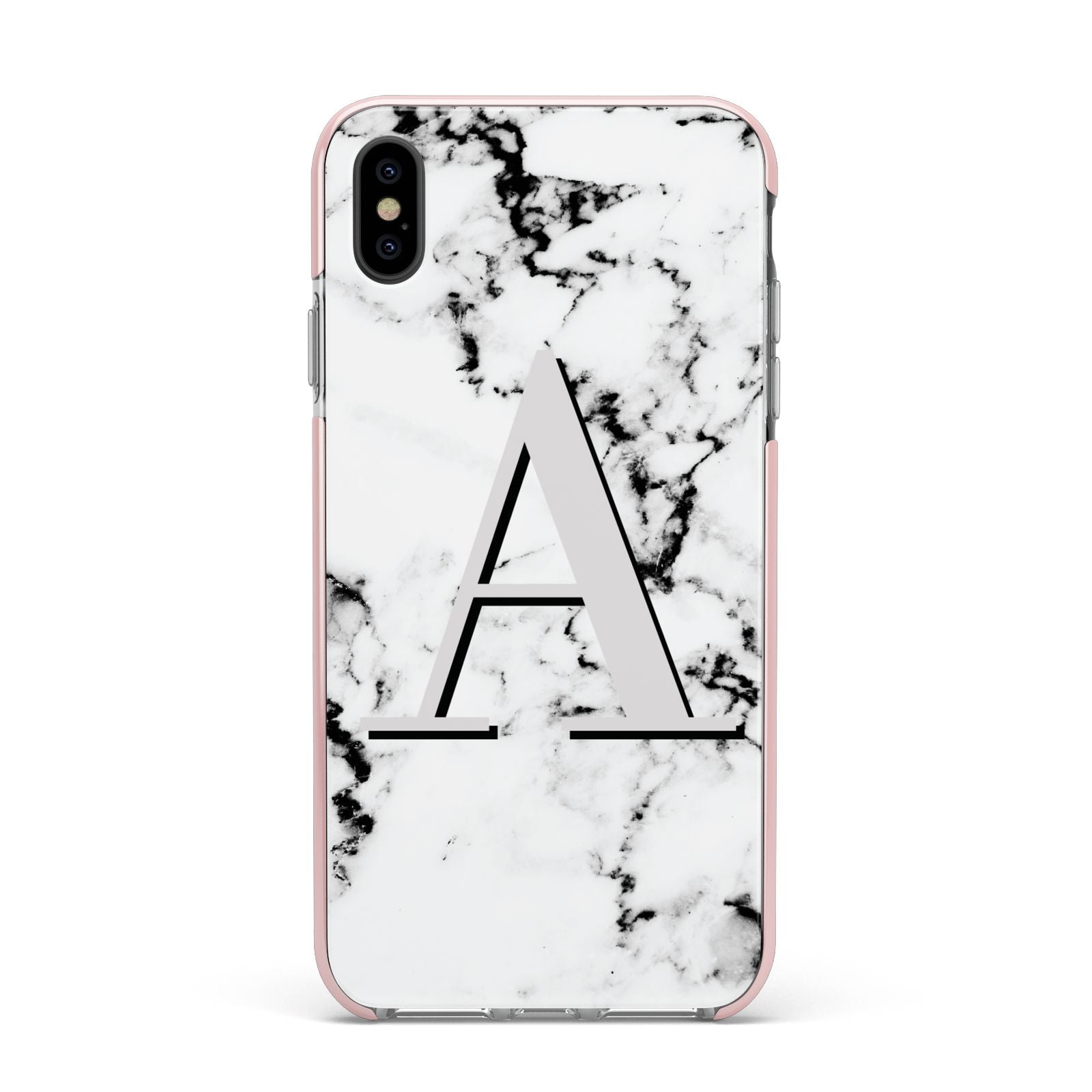Personalised Grey Large Initial Marble Apple iPhone Xs Max Impact Case Pink Edge on Black Phone