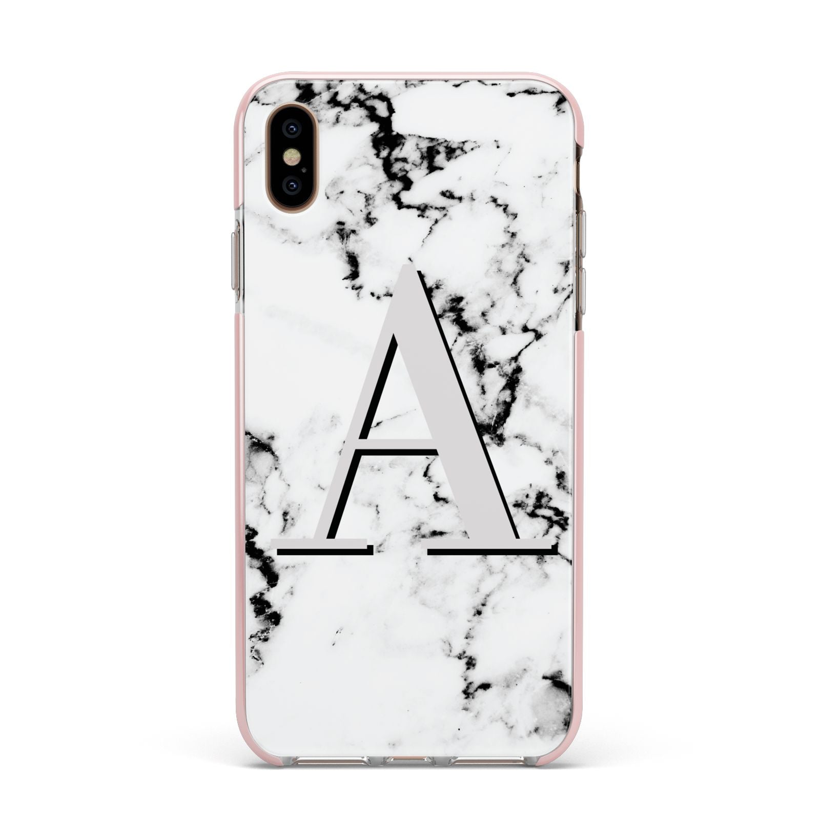 Personalised Grey Large Initial Marble Apple iPhone Xs Max Impact Case Pink Edge on Gold Phone