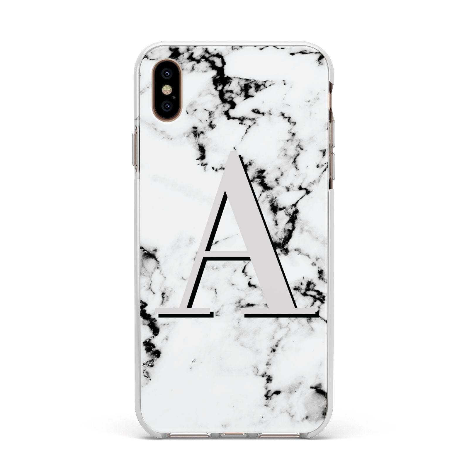 Personalised Grey Large Initial Marble Apple iPhone Xs Max Impact Case White Edge on Gold Phone