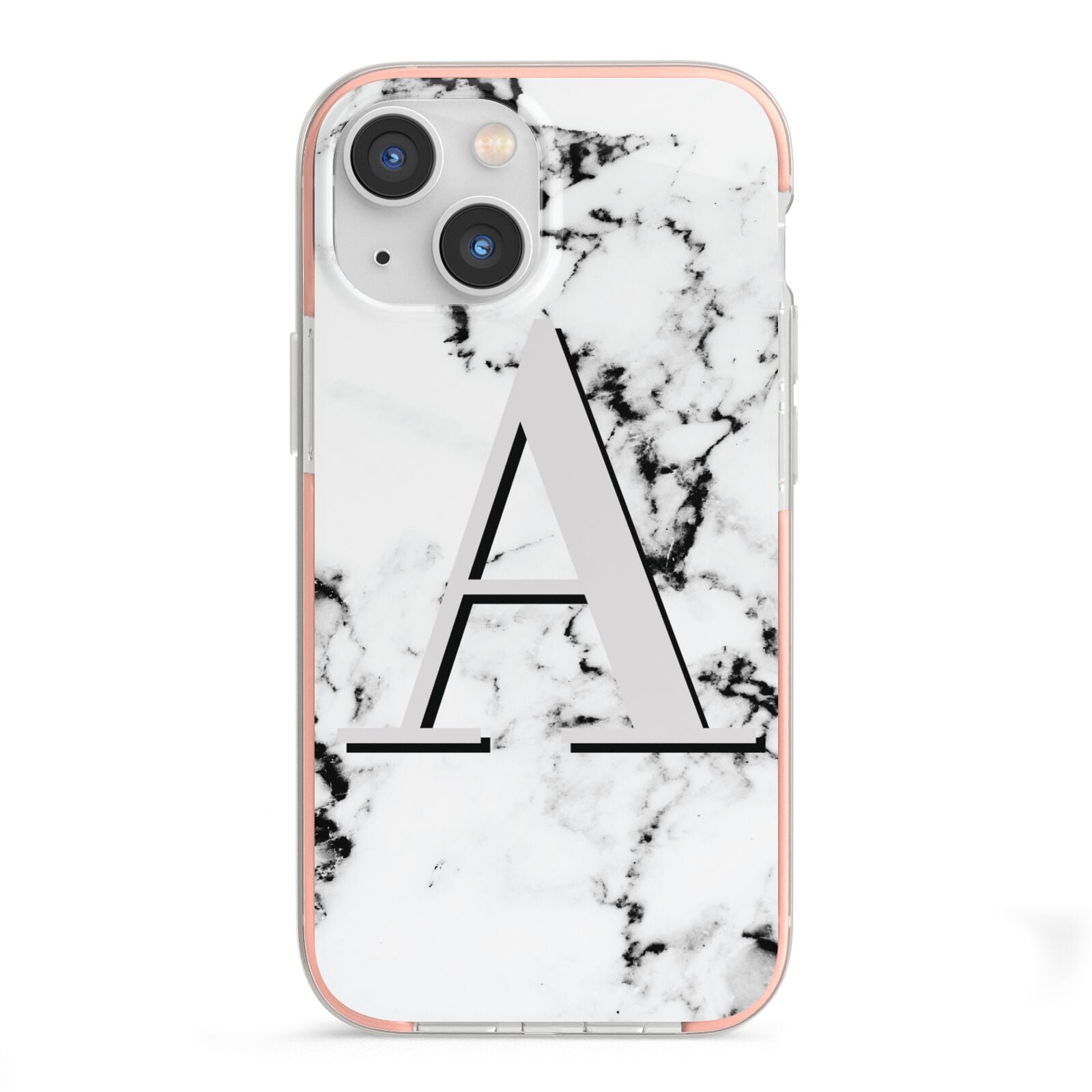 Personalised Grey Large Initial Marble iPhone 13 Mini TPU Impact Case with Pink Edges