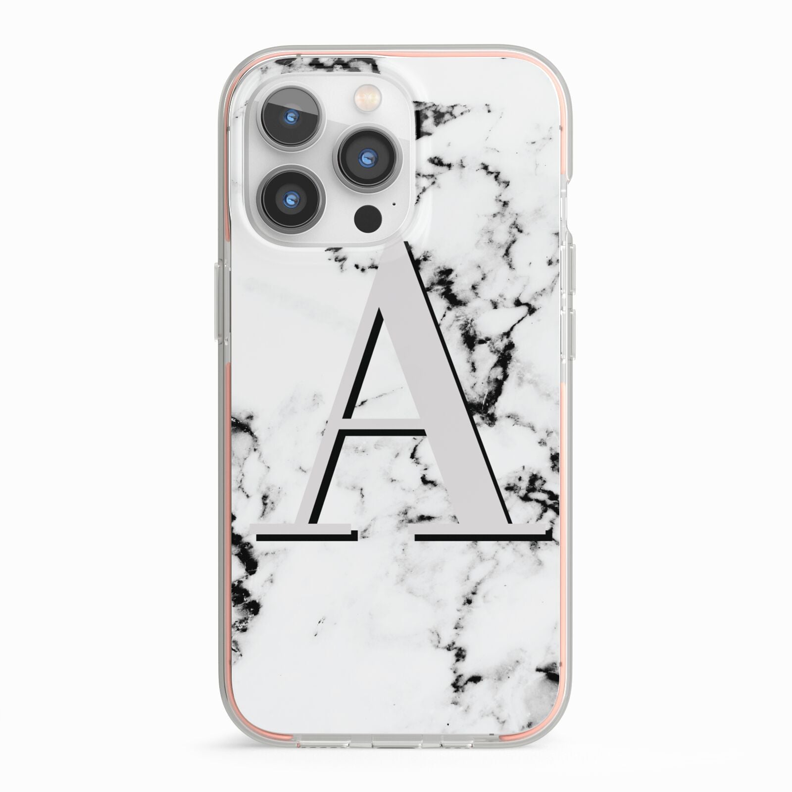 Personalised Grey Large Initial Marble iPhone 13 Pro TPU Impact Case with Pink Edges