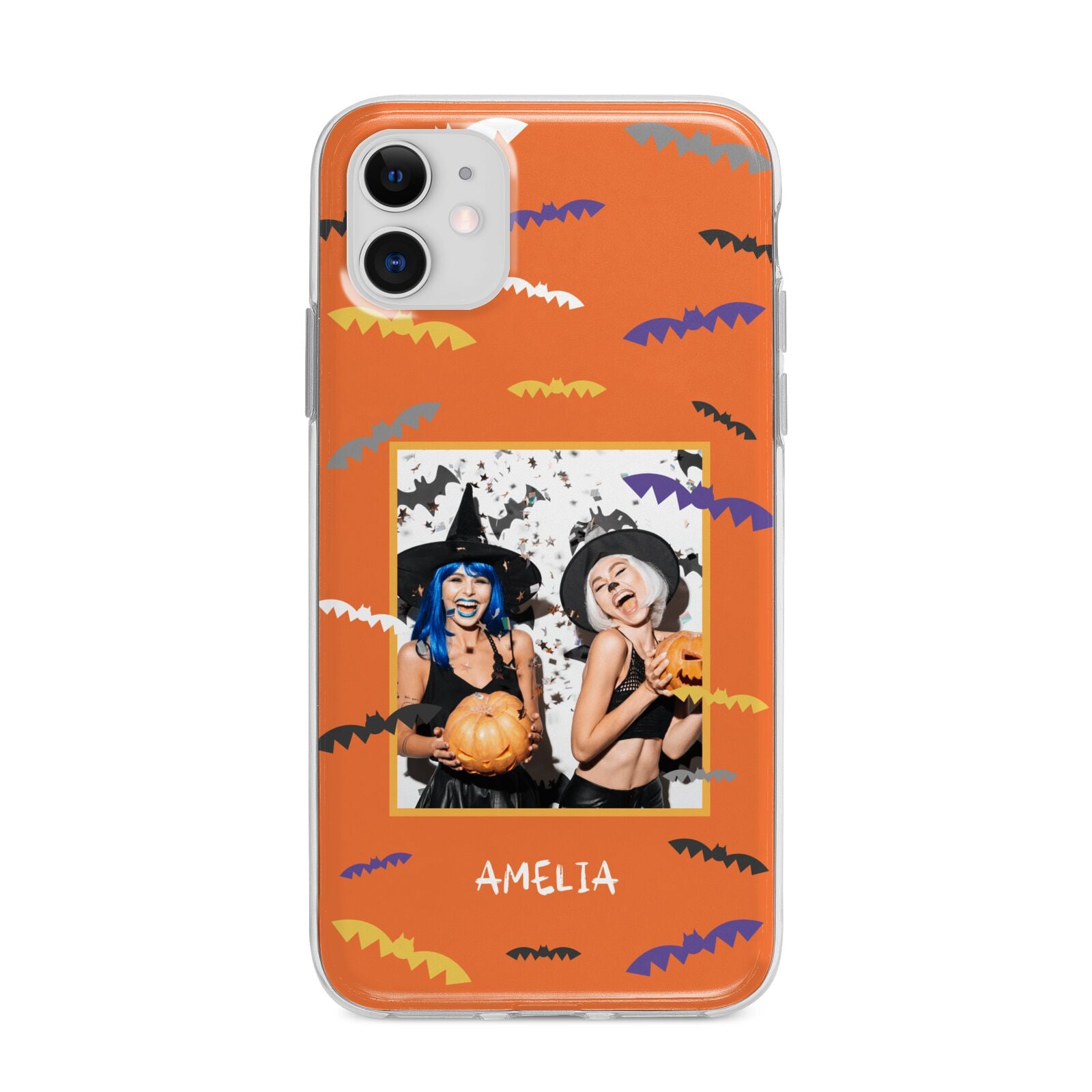 Personalised Halloween Bats Photo Upload Apple iPhone 11 in White with Bumper Case