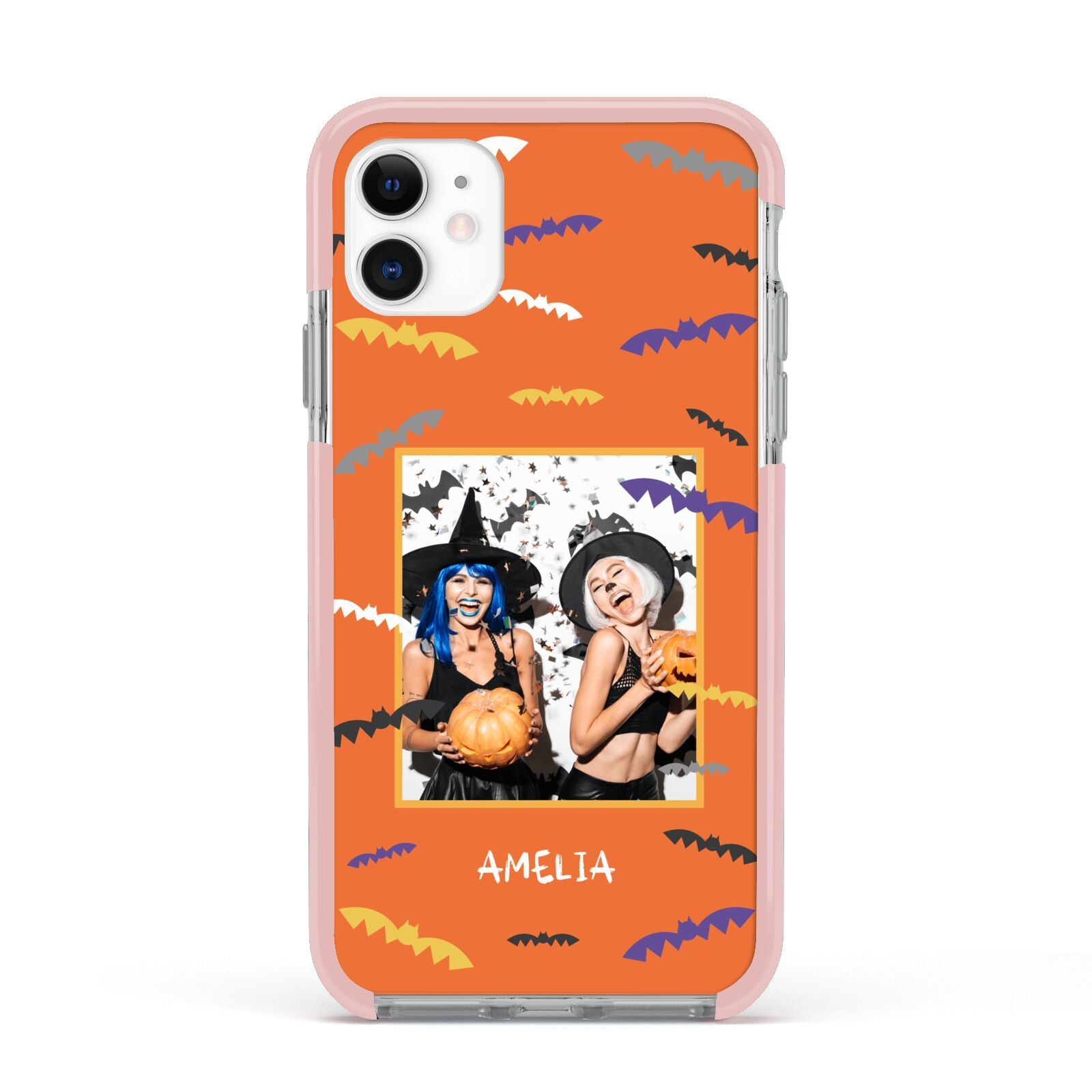 Personalised Halloween Bats Photo Upload Apple iPhone 11 in White with Pink Impact Case