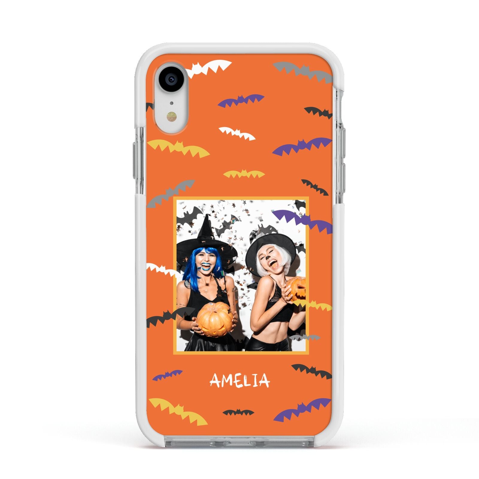 Personalised Halloween Bats Photo Upload Apple iPhone XR Impact Case White Edge on Silver Phone
