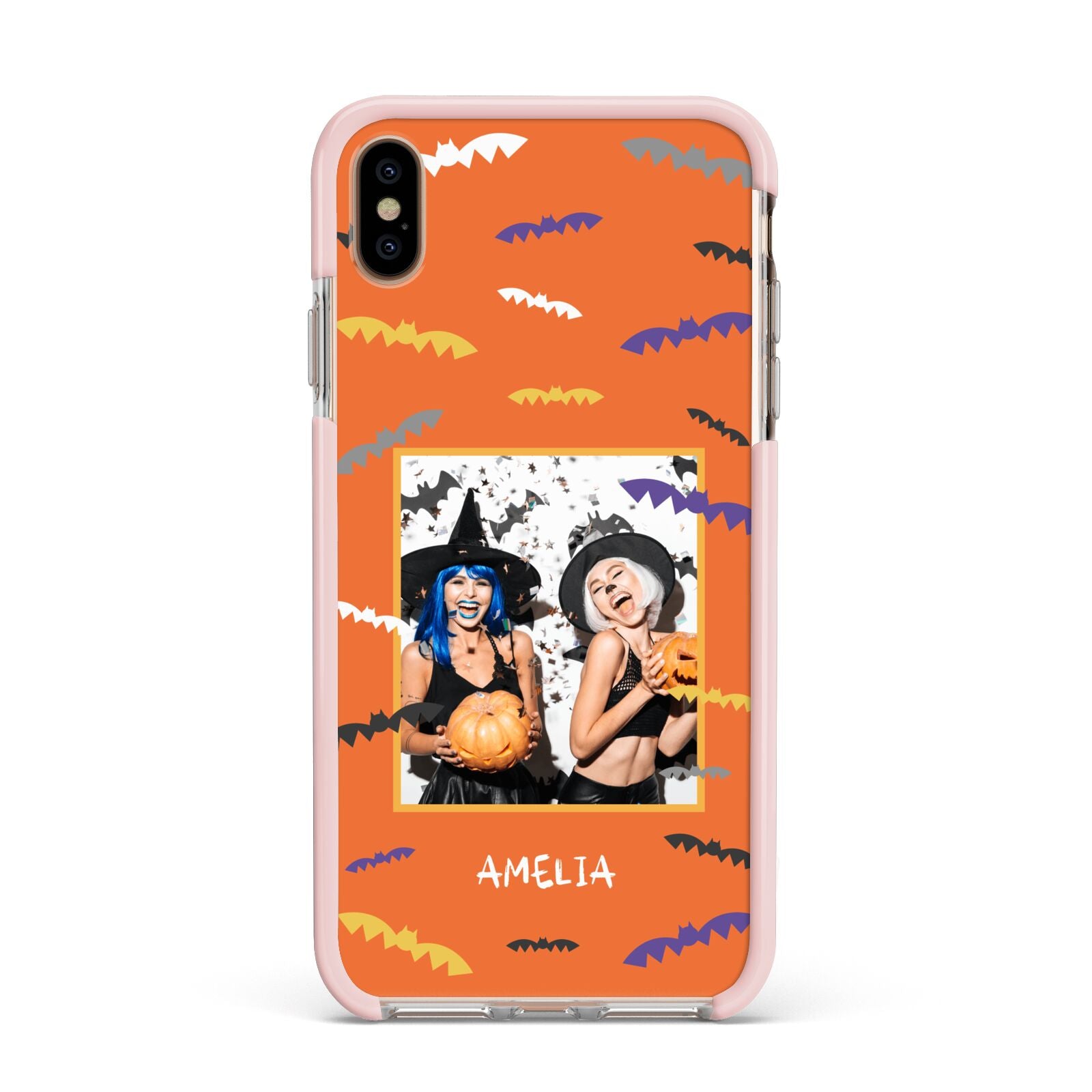 Personalised Halloween Bats Photo Upload Apple iPhone Xs Max Impact Case Pink Edge on Gold Phone