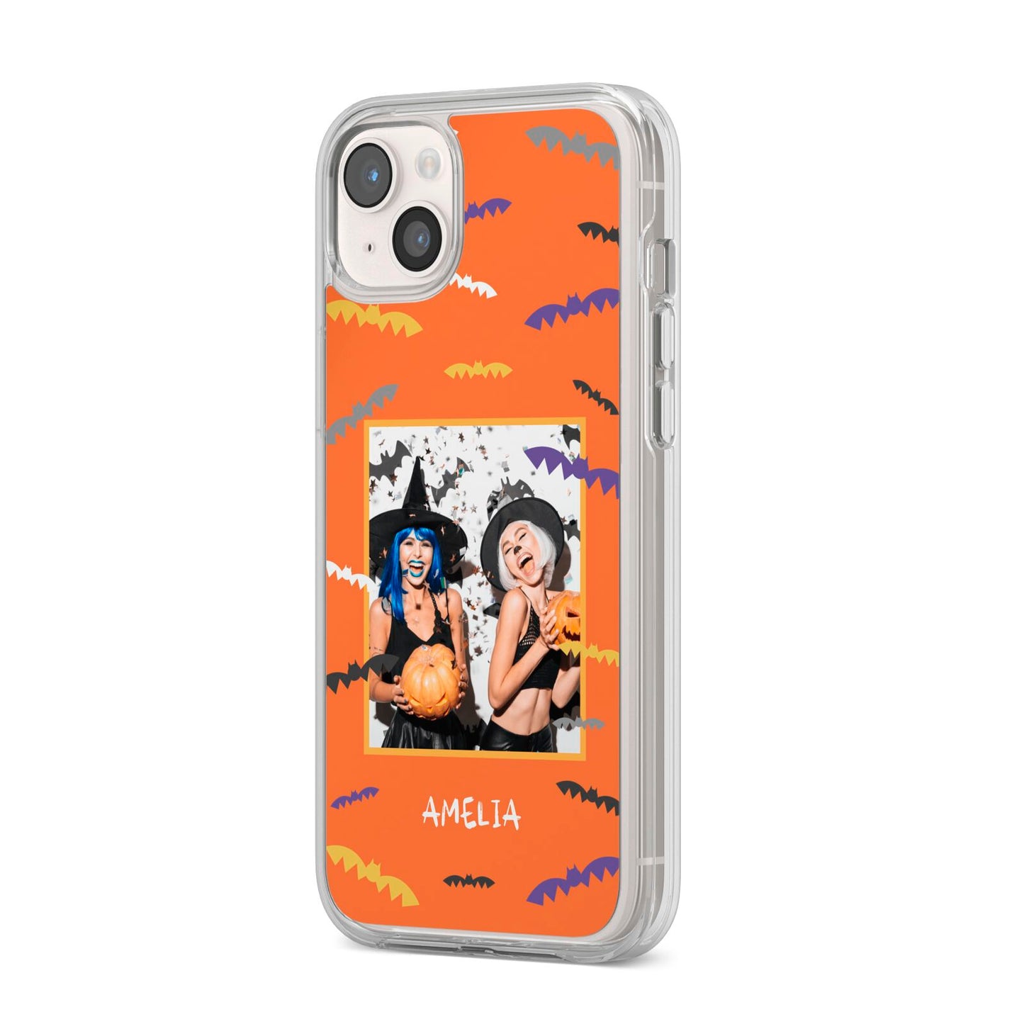 Personalised Halloween Bats Photo Upload iPhone 14 Plus Clear Tough Case Starlight Angled Image