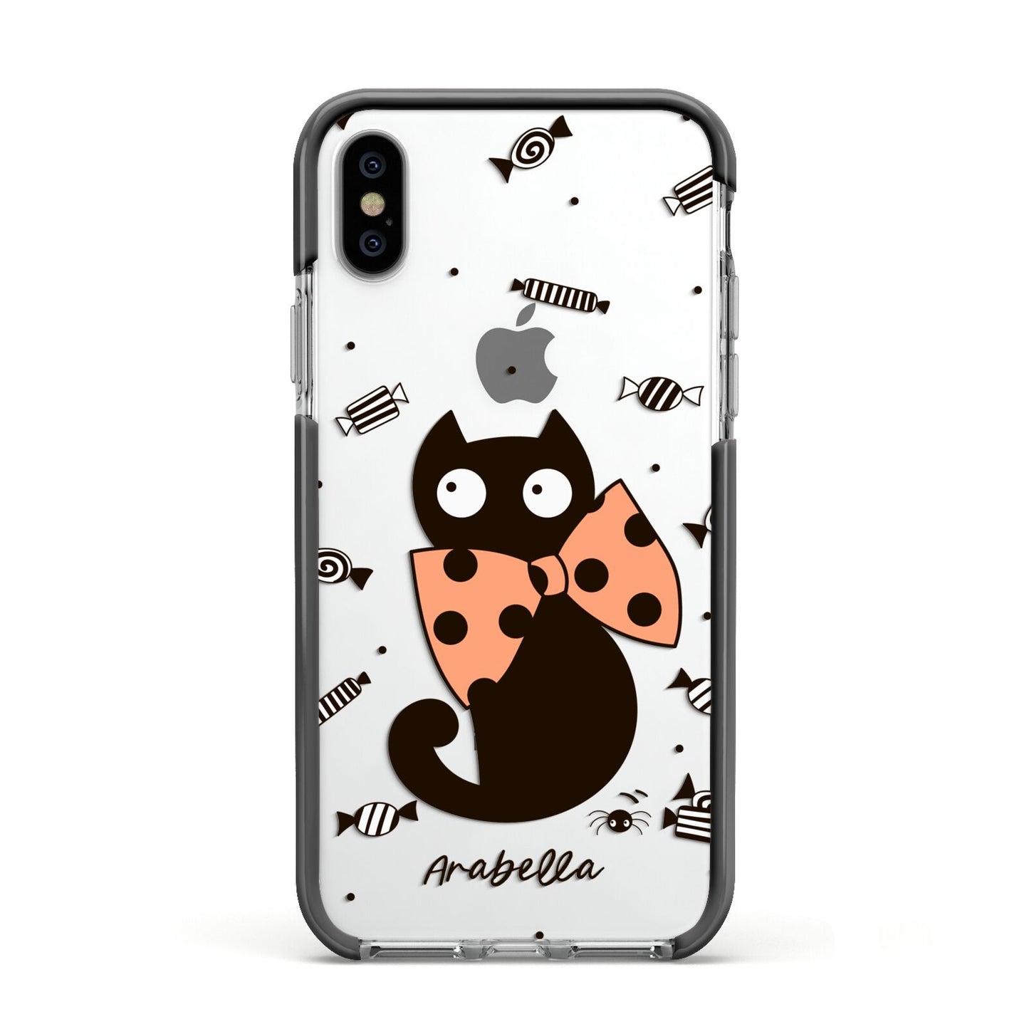Personalised Halloween Cat Apple iPhone Xs Impact Case Black Edge on Silver Phone