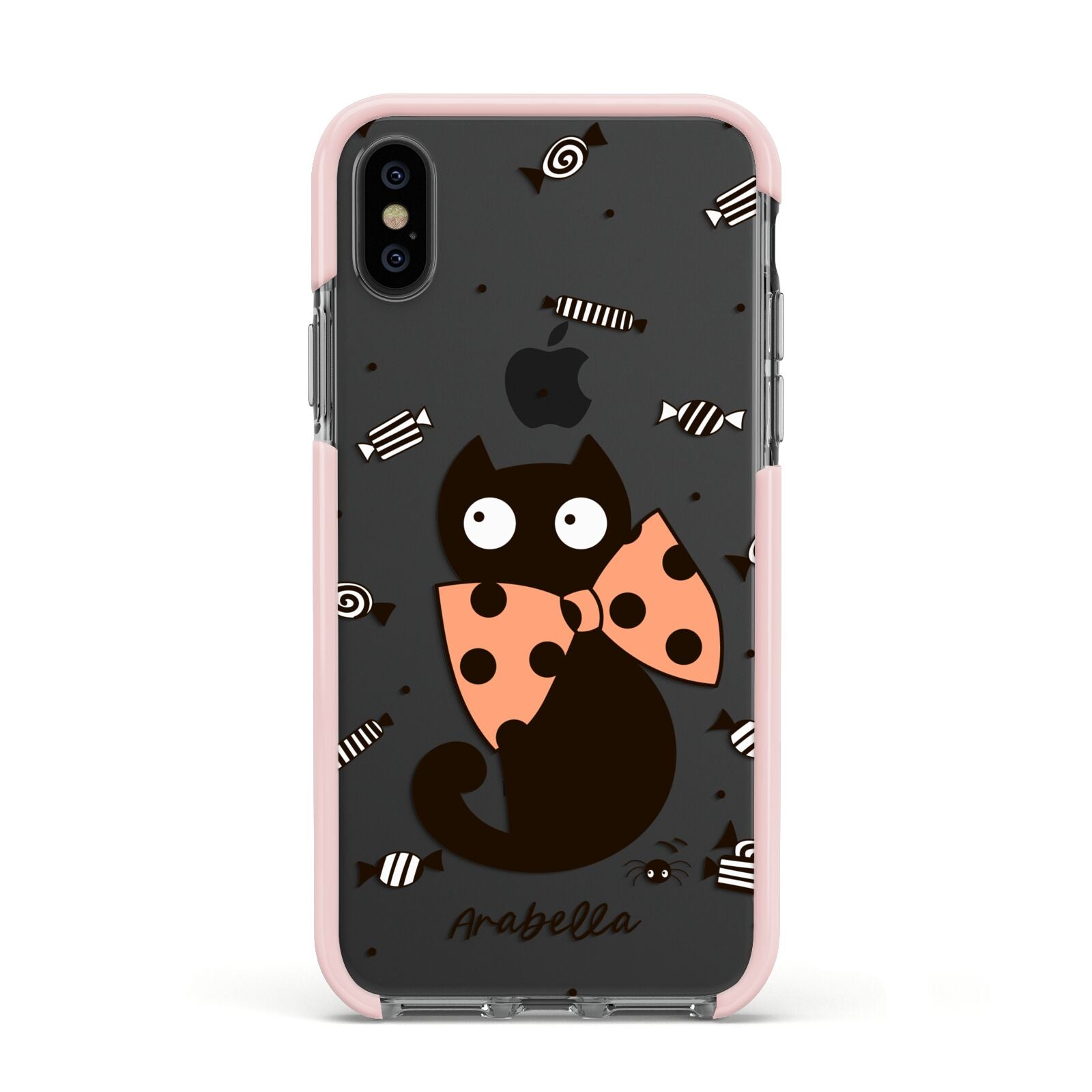 Personalised Halloween Cat Apple iPhone Xs Impact Case Pink Edge on Black Phone